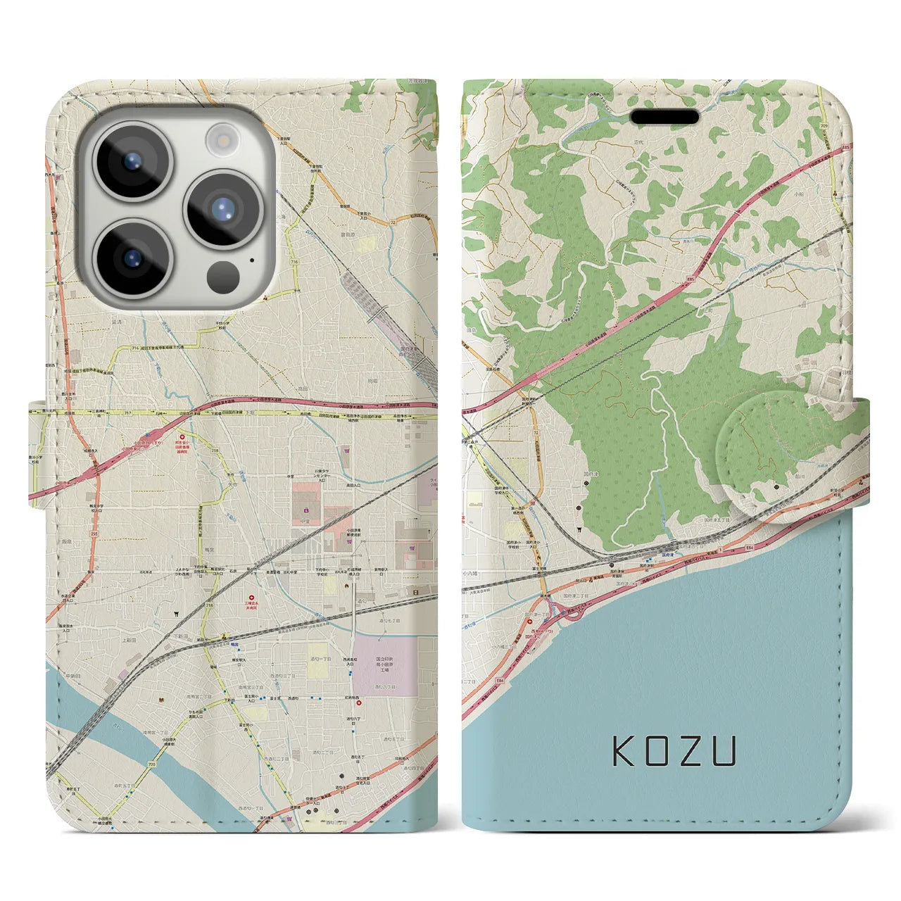 【国府津(神奈川県)】地図柄iPhoneケース(手帳タイプ)ナチュラル・iPhone 15 Pro 用