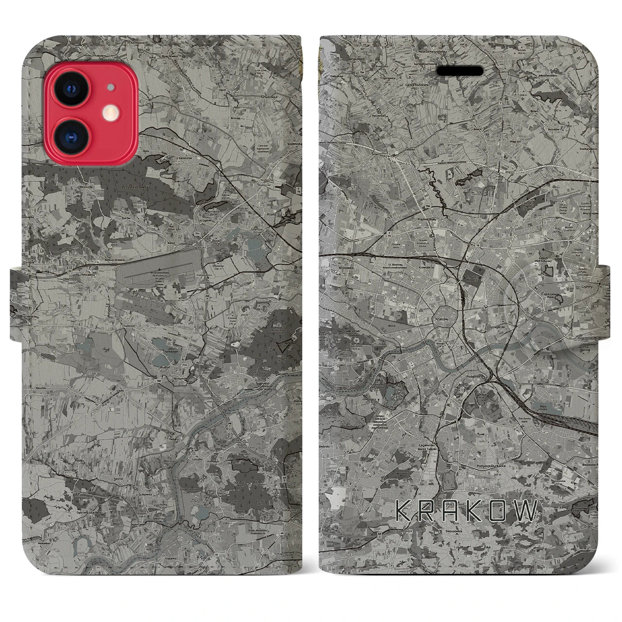 【クラクフ(ポーランド)】地図柄iPhoneケース(手帳タイプ)モノトーン・iPhone 11 用