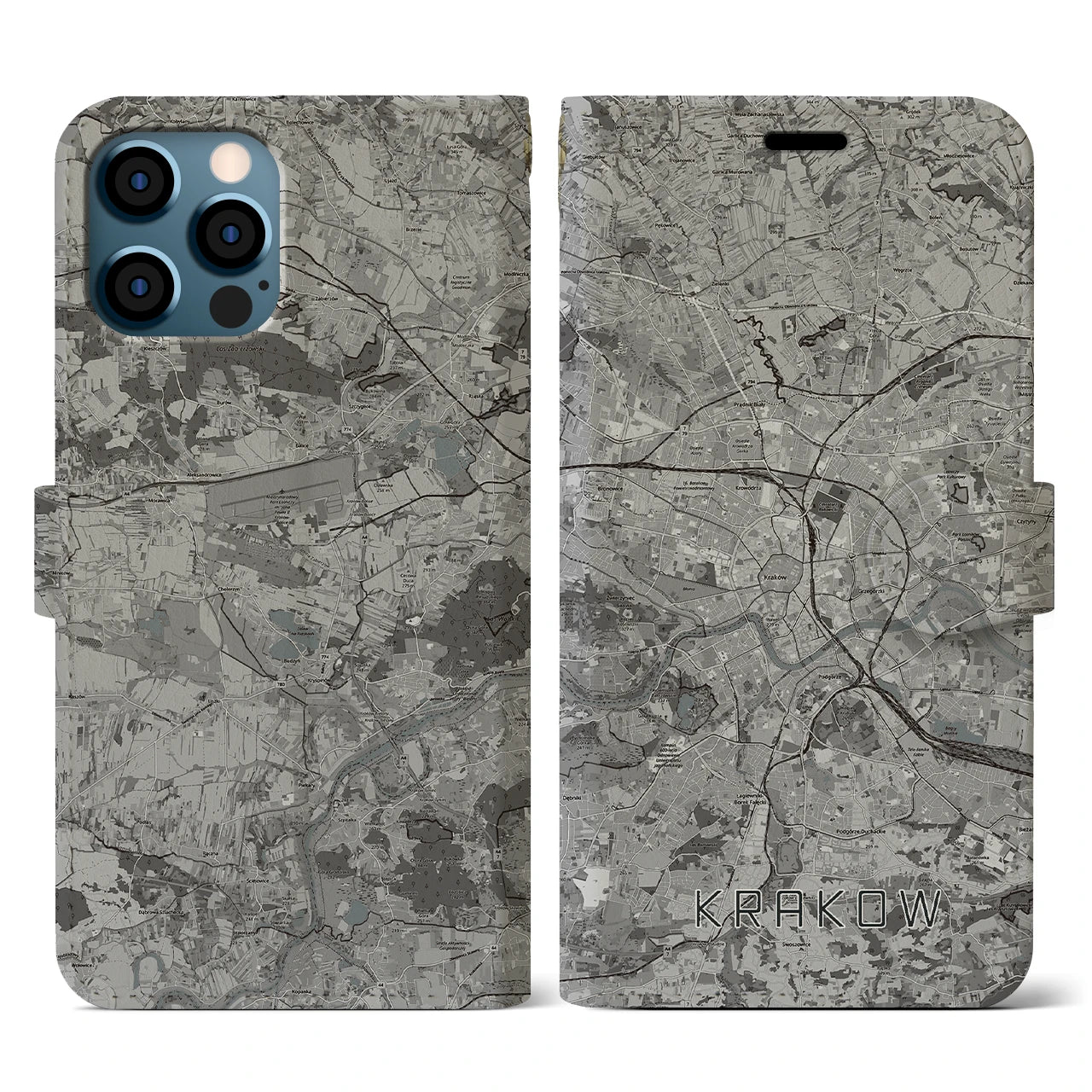 【クラクフ(ポーランド)】地図柄iPhoneケース(手帳タイプ)モノトーン・iPhone 12 / 12 Pro 用