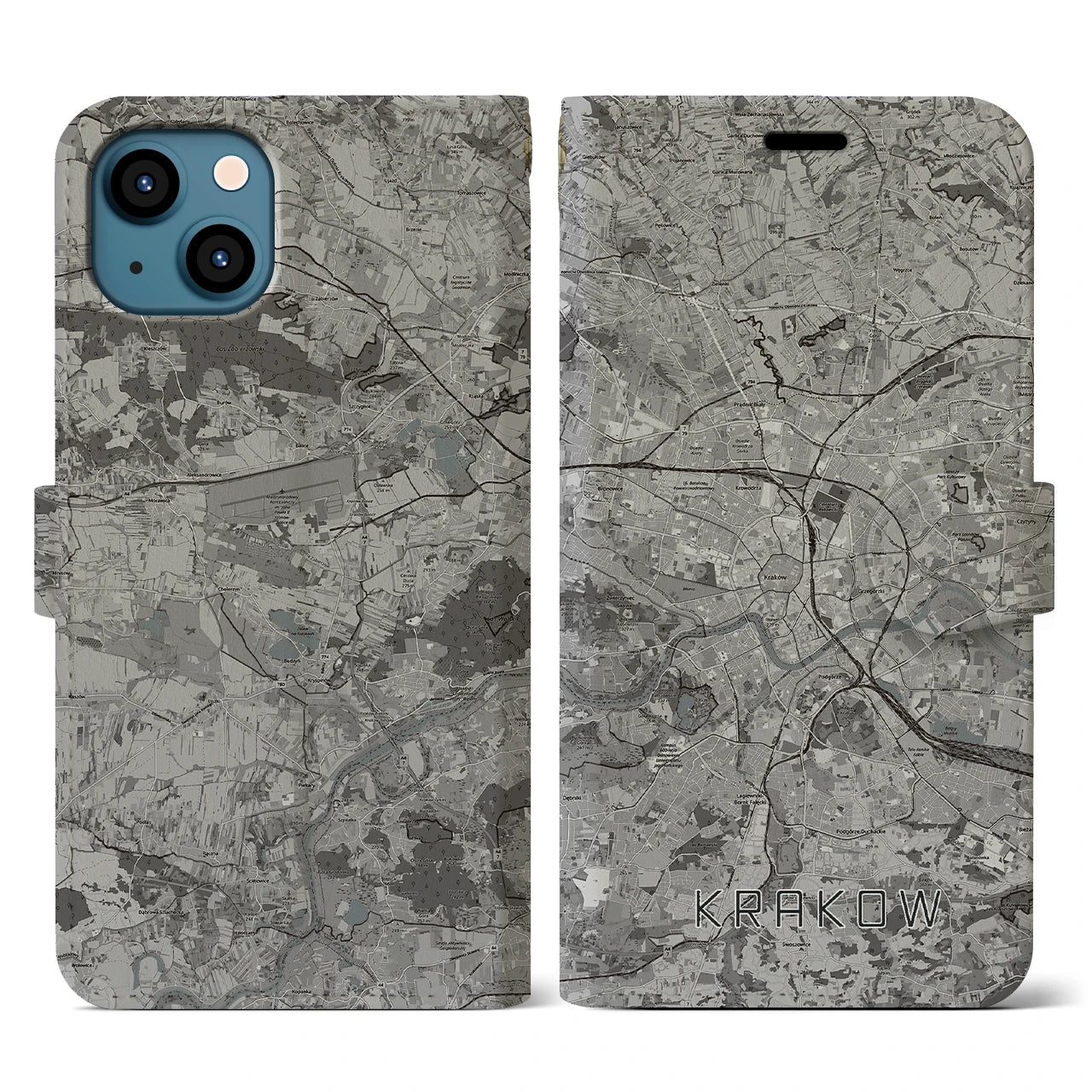 【クラクフ(ポーランド)】地図柄iPhoneケース(手帳タイプ)モノトーン・iPhone 13 用