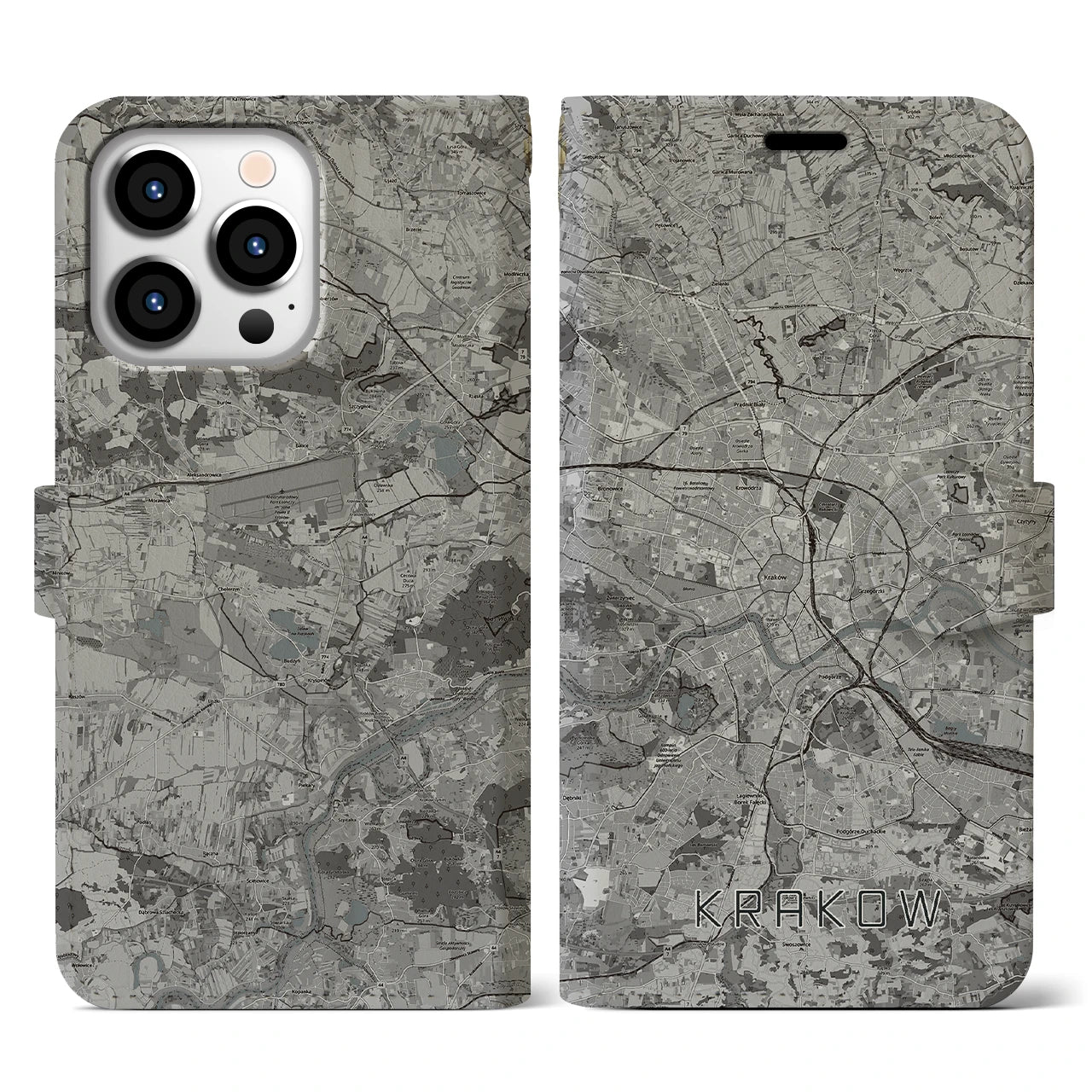 【クラクフ(ポーランド)】地図柄iPhoneケース(手帳タイプ)モノトーン・iPhone 13 Pro 用