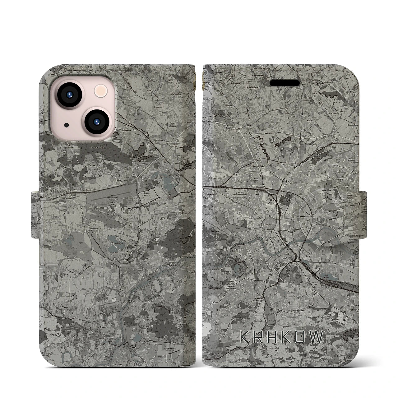 【クラクフ(ポーランド)】地図柄iPhoneケース(手帳タイプ)モノトーン・iPhone 13 mini 用