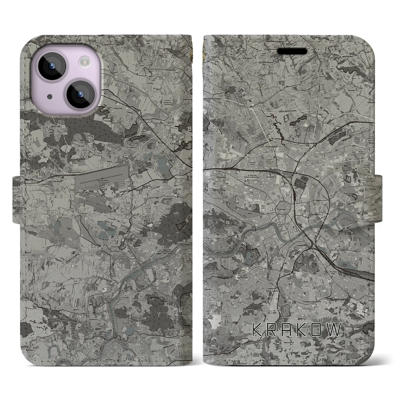 【クラクフ(ポーランド)】地図柄iPhoneケース(手帳タイプ)モノトーン・iPhone 14 用