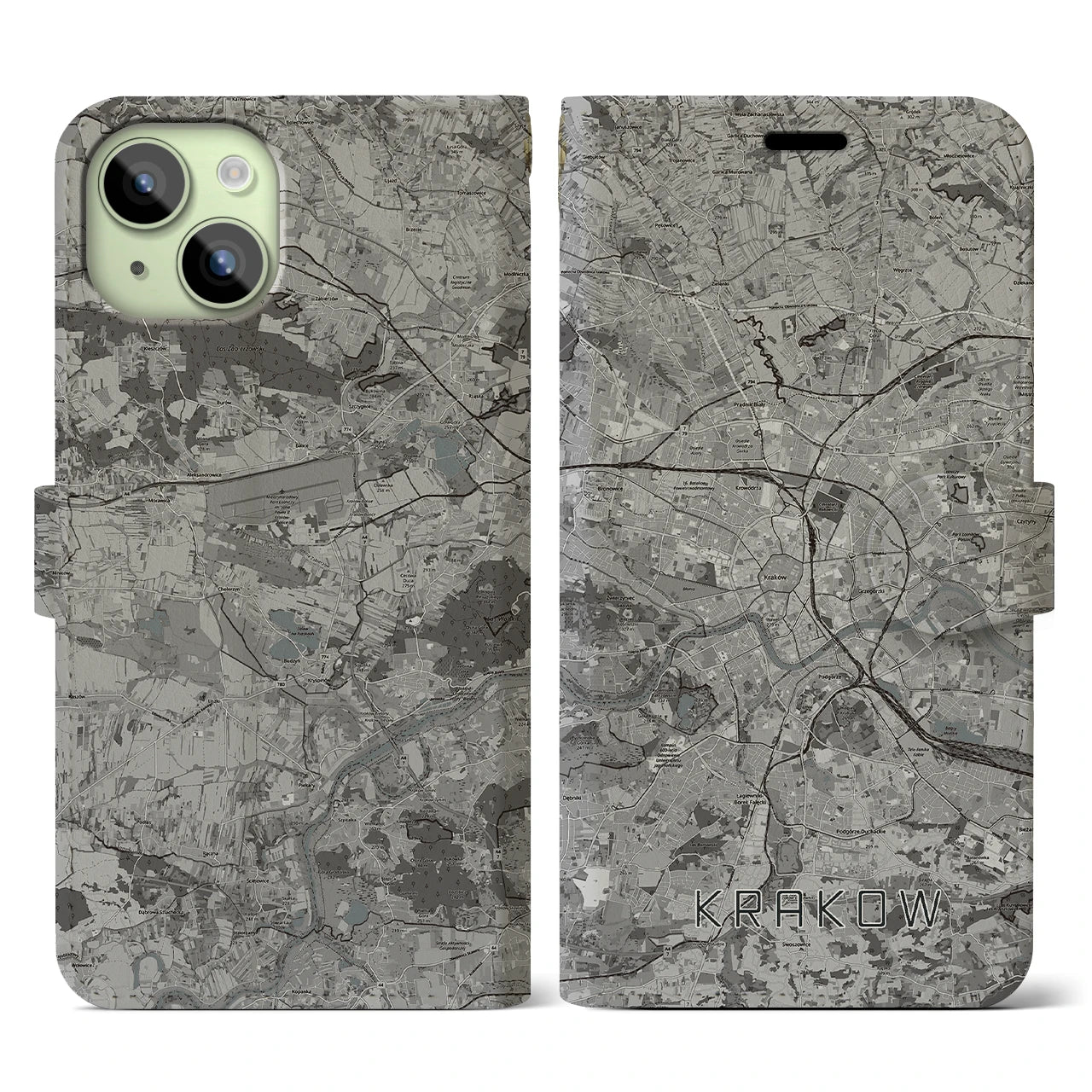 【クラクフ(ポーランド)】地図柄iPhoneケース(手帳タイプ)モノトーン・iPhone 15 用
