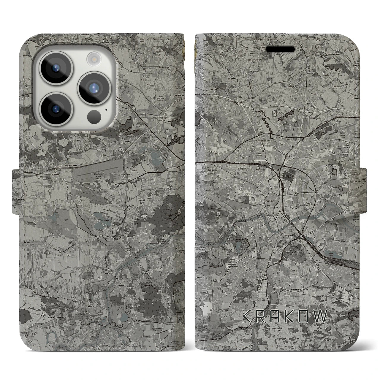 【クラクフ(ポーランド)】地図柄iPhoneケース(手帳タイプ)モノトーン・iPhone 15 Pro 用