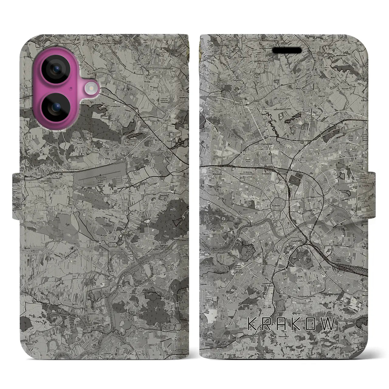 【クラクフ(ポーランド)】地図柄iPhoneケース(手帳タイプ)モノトーン・iPhone 16 Pro 用