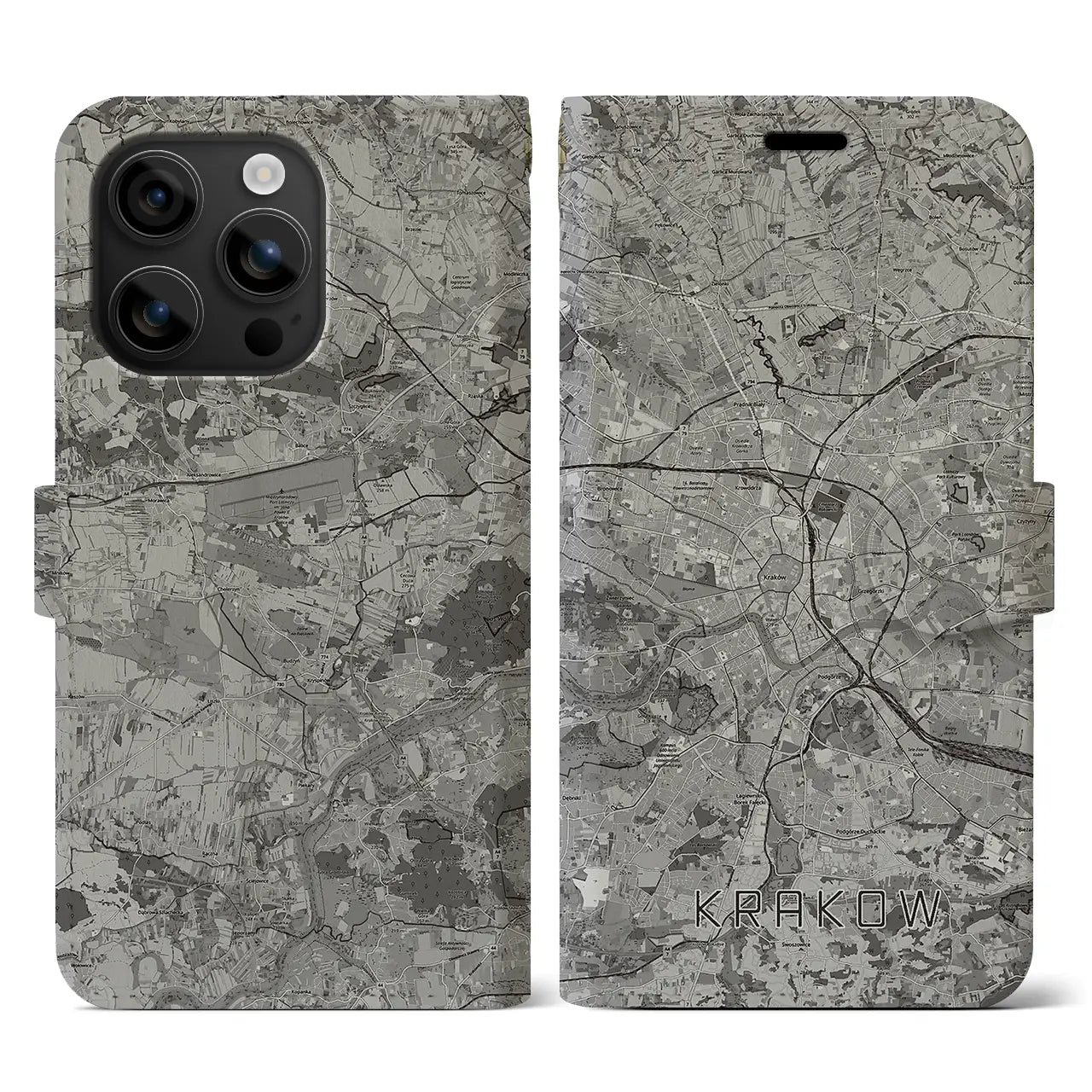【クラクフ(ポーランド)】地図柄iPhoneケース(手帳タイプ)モノトーン・iPhone 16 用
