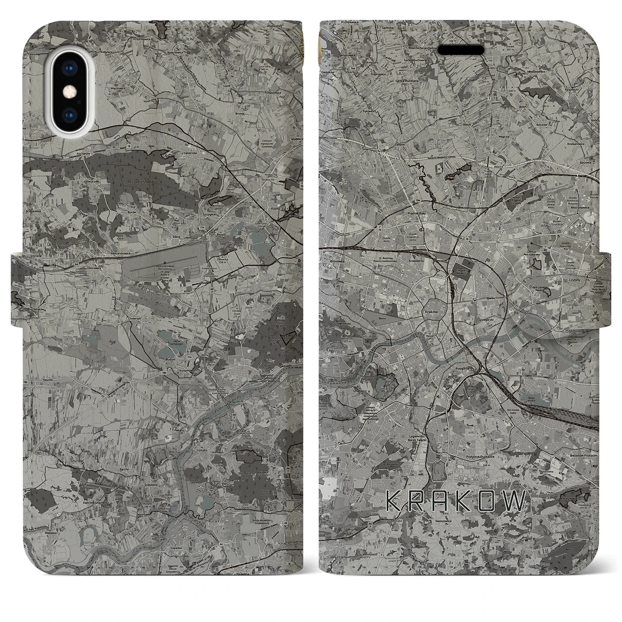 【クラクフ(ポーランド)】地図柄iPhoneケース(手帳タイプ)モノトーン・iPhone XS Max 用
