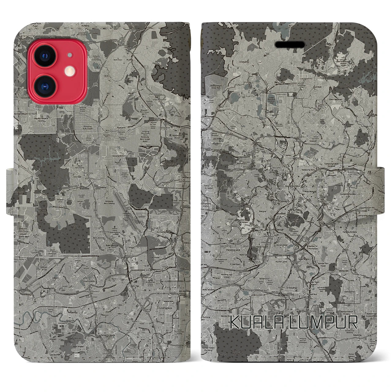【クアラルンプール(マレーシア)】地図柄iPhoneケース(手帳タイプ)モノトーン・iPhone 11 用