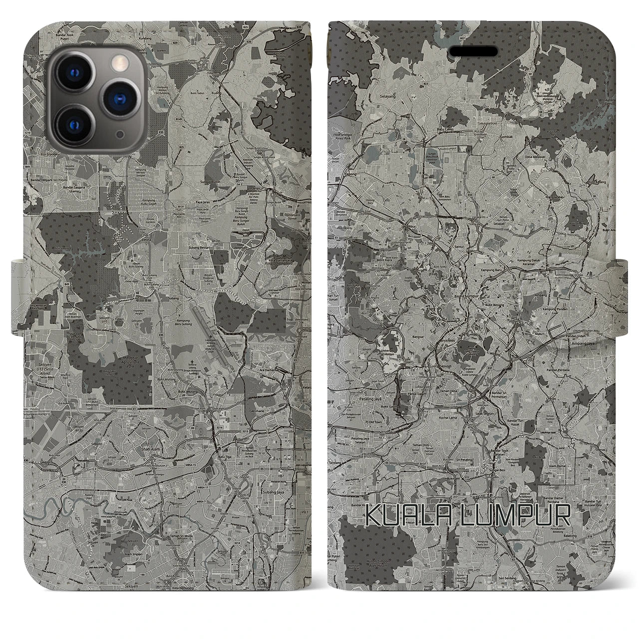 【クアラルンプール(マレーシア)】地図柄iPhoneケース(手帳タイプ)モノトーン・iPhone 11 Pro Max 用