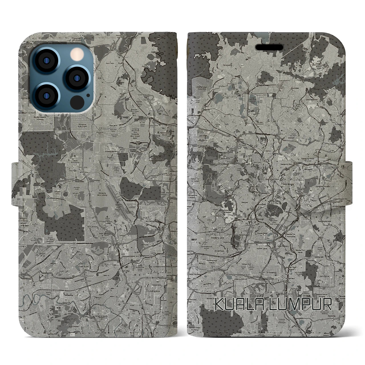 【クアラルンプール(マレーシア)】地図柄iPhoneケース(手帳タイプ)モノトーン・iPhone 12 / 12 Pro 用