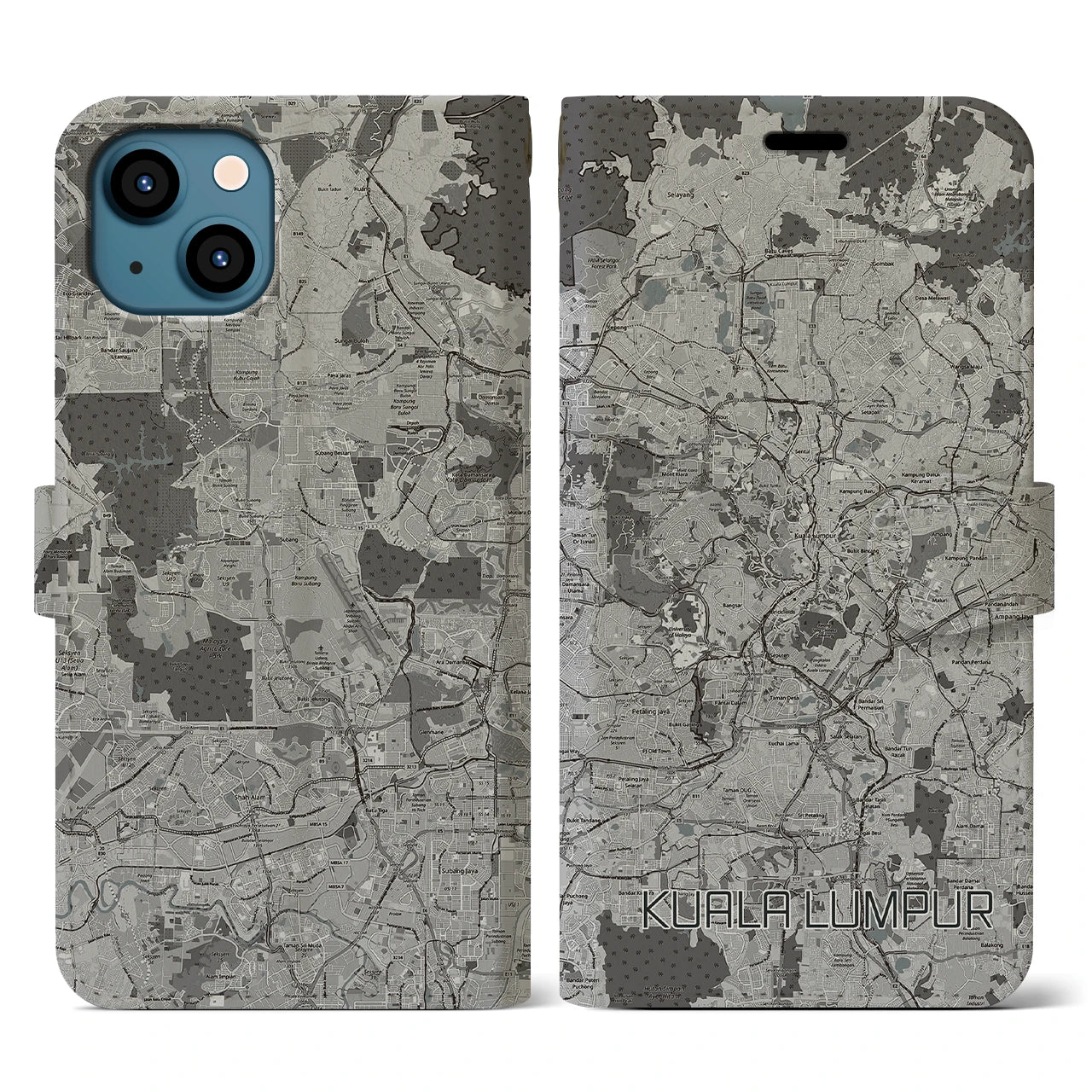 【クアラルンプール(マレーシア)】地図柄iPhoneケース(手帳タイプ)モノトーン・iPhone 13 用