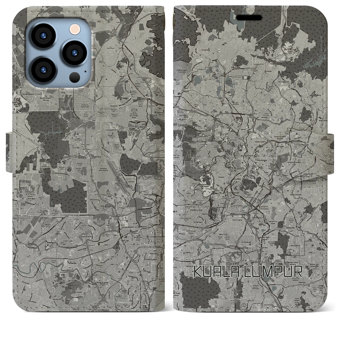 【クアラルンプール(マレーシア)】地図柄iPhoneケース(手帳タイプ)モノトーン・iPhone 13 Pro Max 用