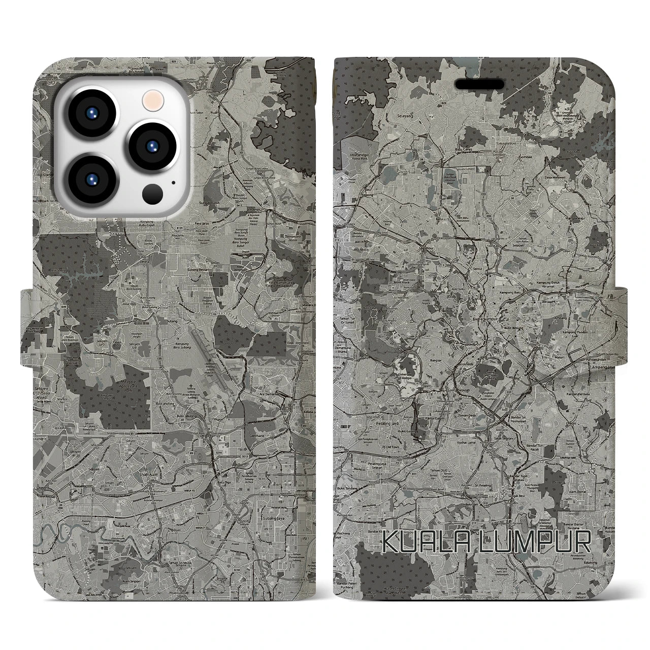 【クアラルンプール(マレーシア)】地図柄iPhoneケース(手帳タイプ)モノトーン・iPhone 13 Pro 用