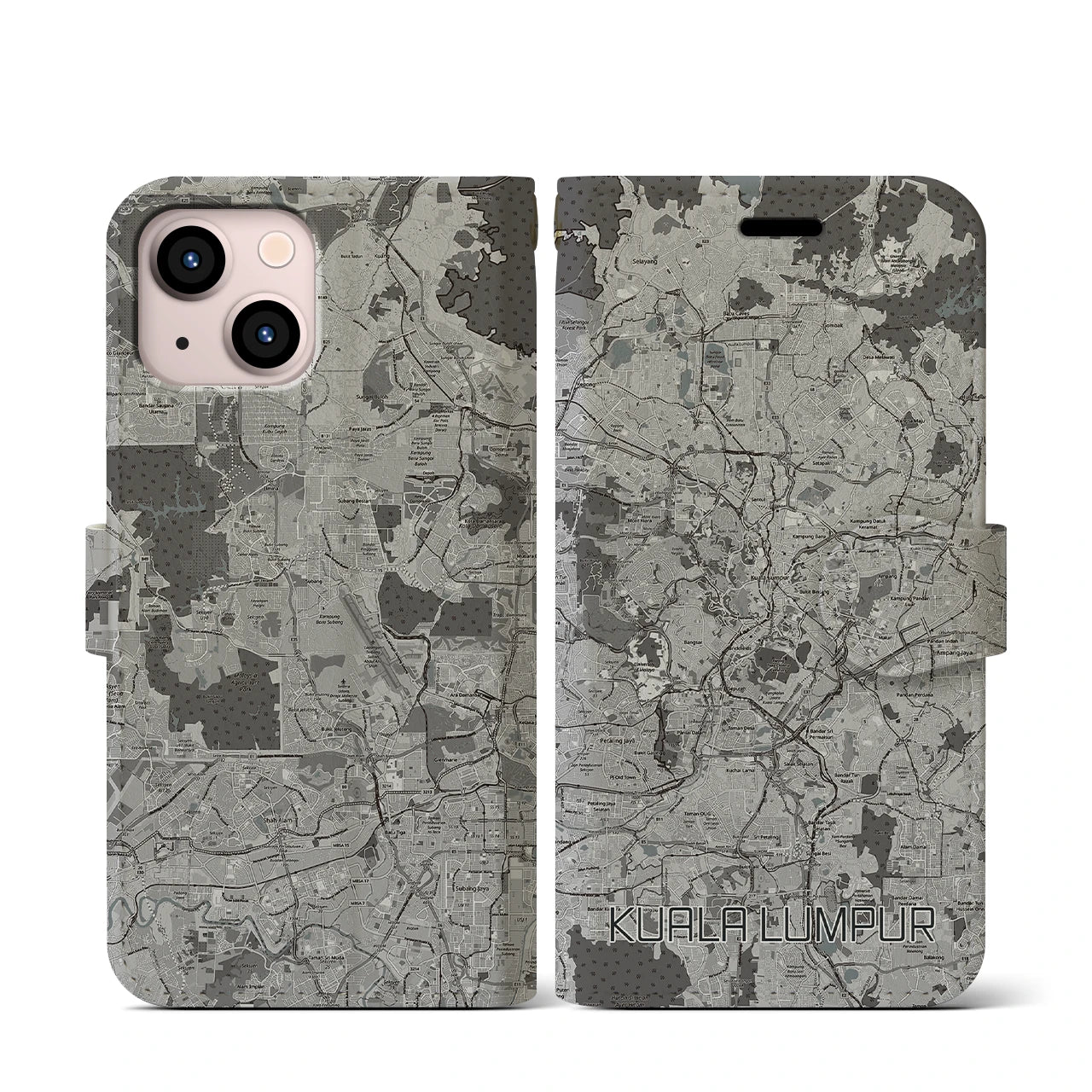 【クアラルンプール(マレーシア)】地図柄iPhoneケース(手帳タイプ)モノトーン・iPhone 13 mini 用