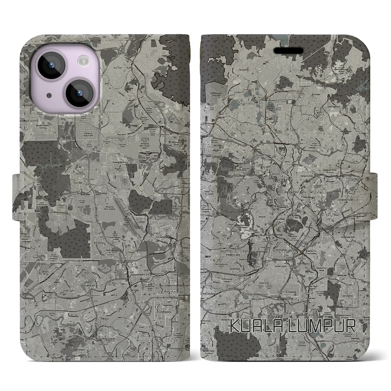 【クアラルンプール(マレーシア)】地図柄iPhoneケース(手帳タイプ)モノトーン・iPhone 14 用