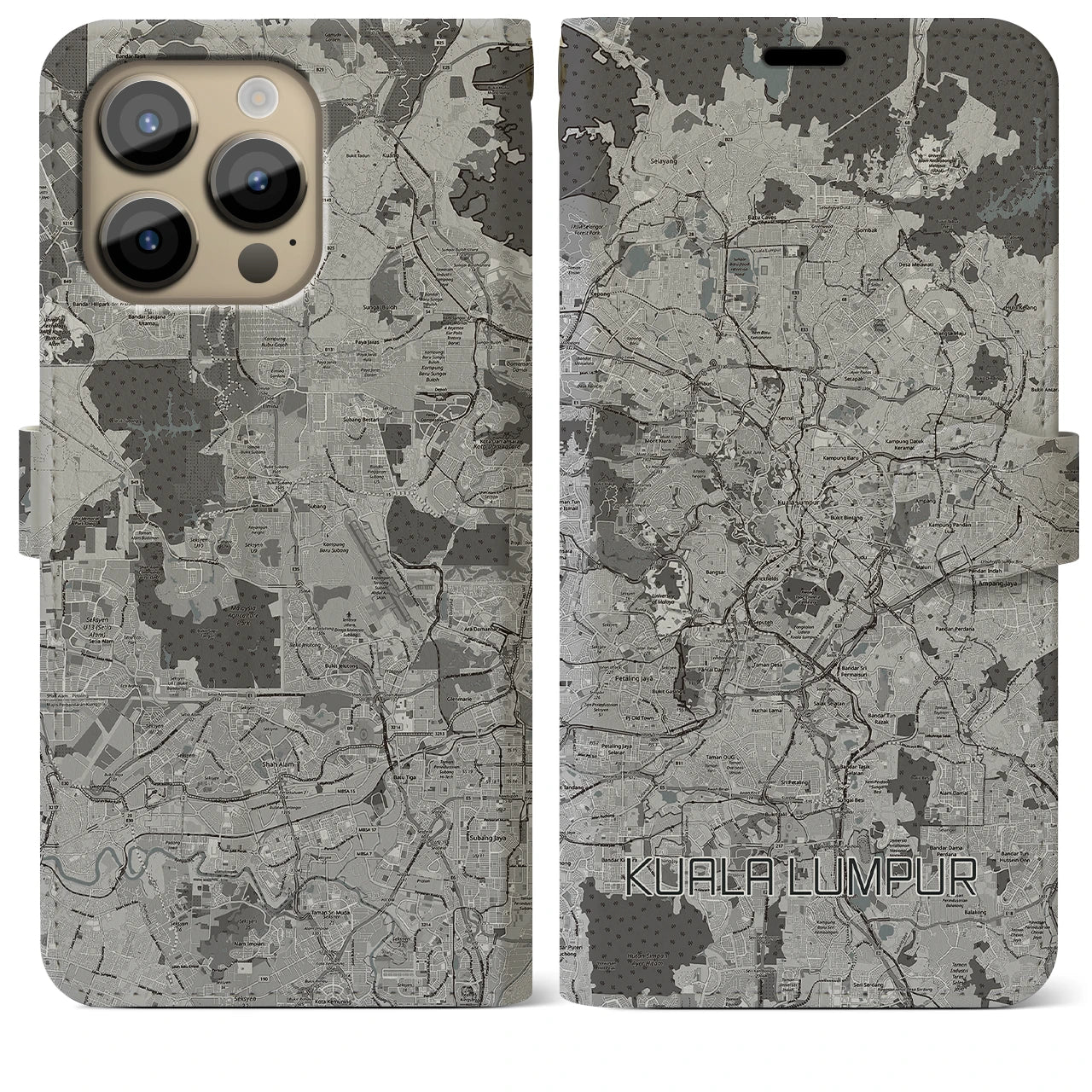 【クアラルンプール(マレーシア)】地図柄iPhoneケース(手帳タイプ)モノトーン・iPhone 14 Pro Max 用
