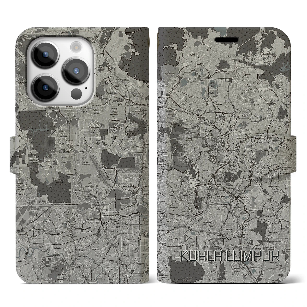 【クアラルンプール(マレーシア)】地図柄iPhoneケース(手帳タイプ)モノトーン・iPhone 14 Pro 用