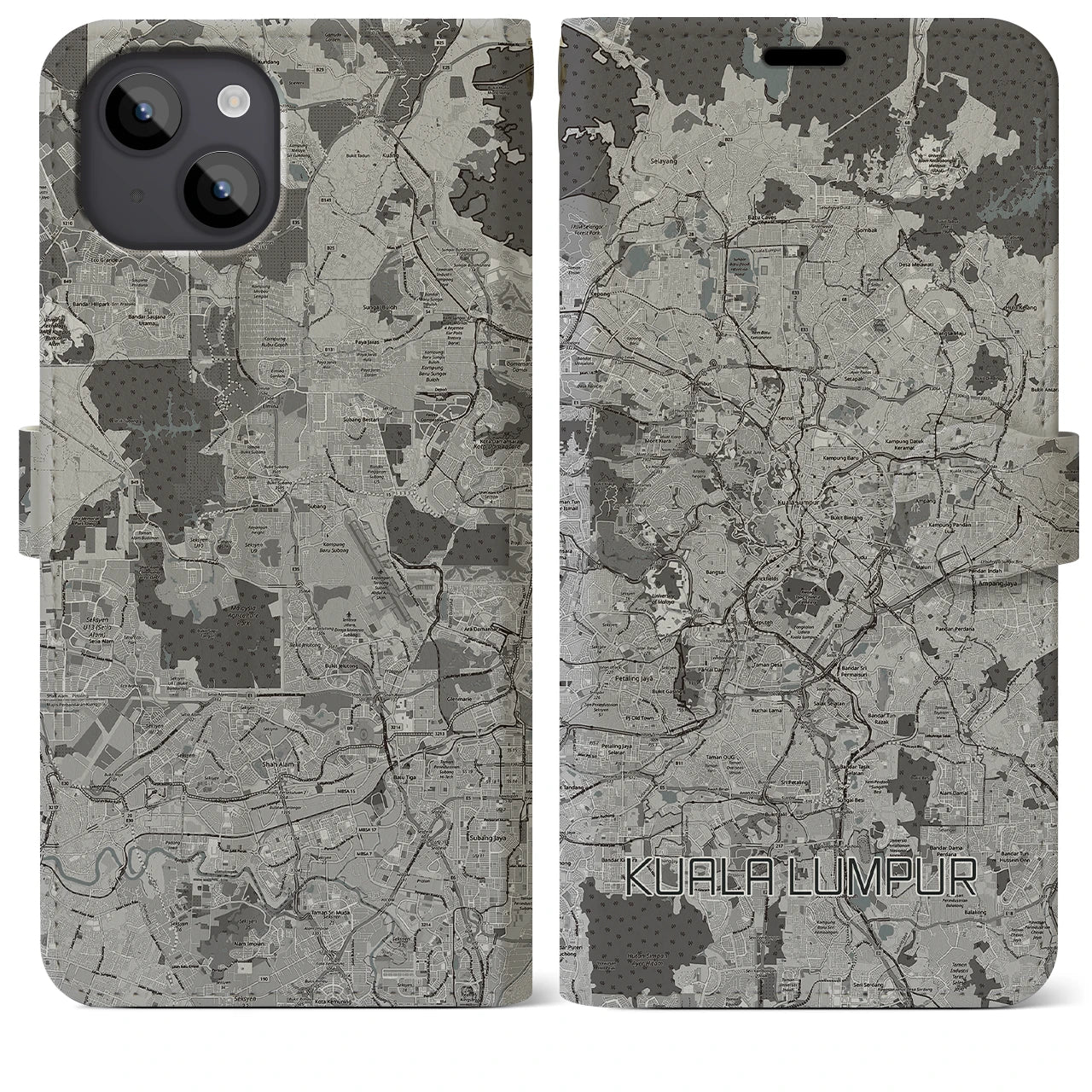 【クアラルンプール(マレーシア)】地図柄iPhoneケース(手帳タイプ)モノトーン・iPhone 14 Plus 用