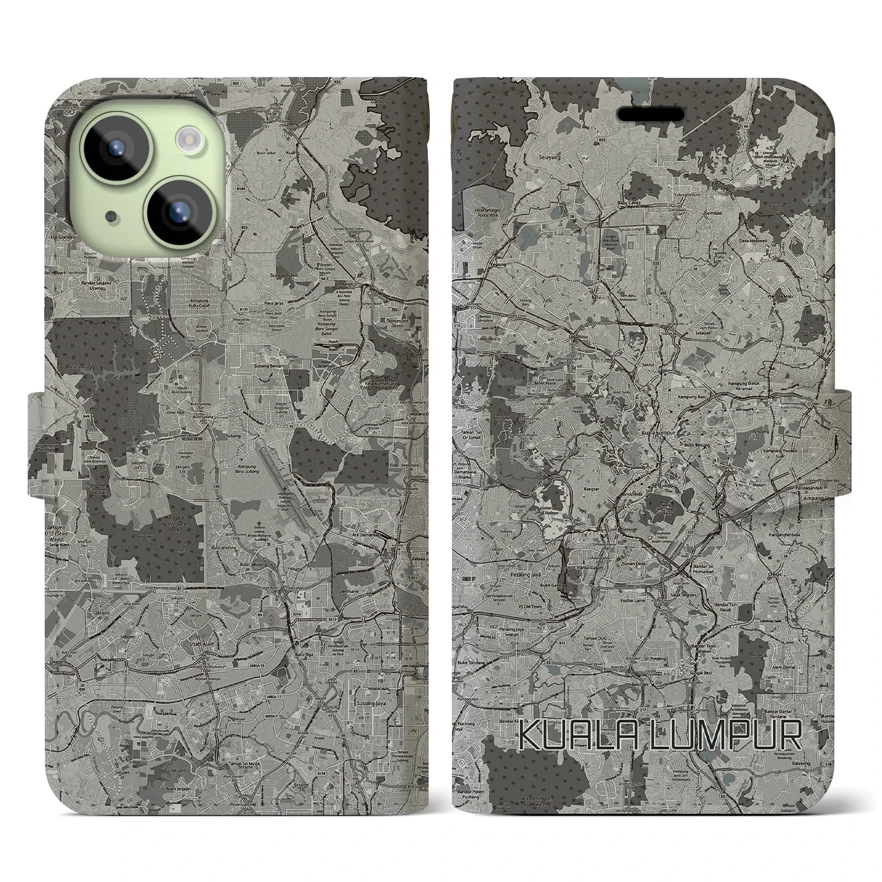 【クアラルンプール(マレーシア)】地図柄iPhoneケース(手帳タイプ)モノトーン・iPhone 15 用