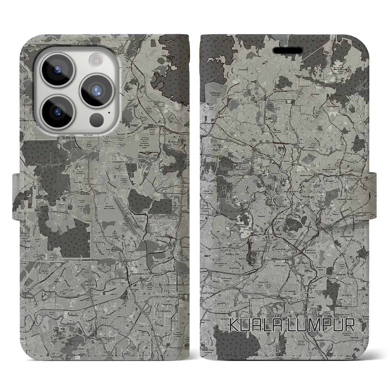 【クアラルンプール(マレーシア)】地図柄iPhoneケース(手帳タイプ)モノトーン・iPhone 15 Pro 用