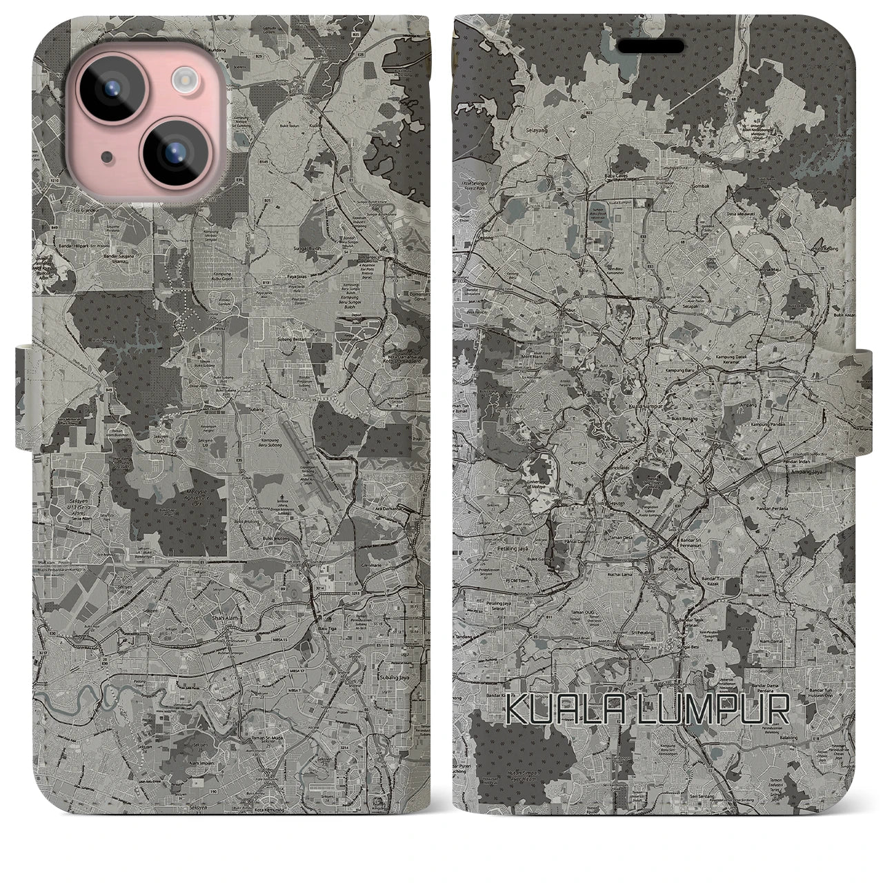【クアラルンプール(マレーシア)】地図柄iPhoneケース(手帳タイプ)モノトーン・iPhone 15 Plus 用