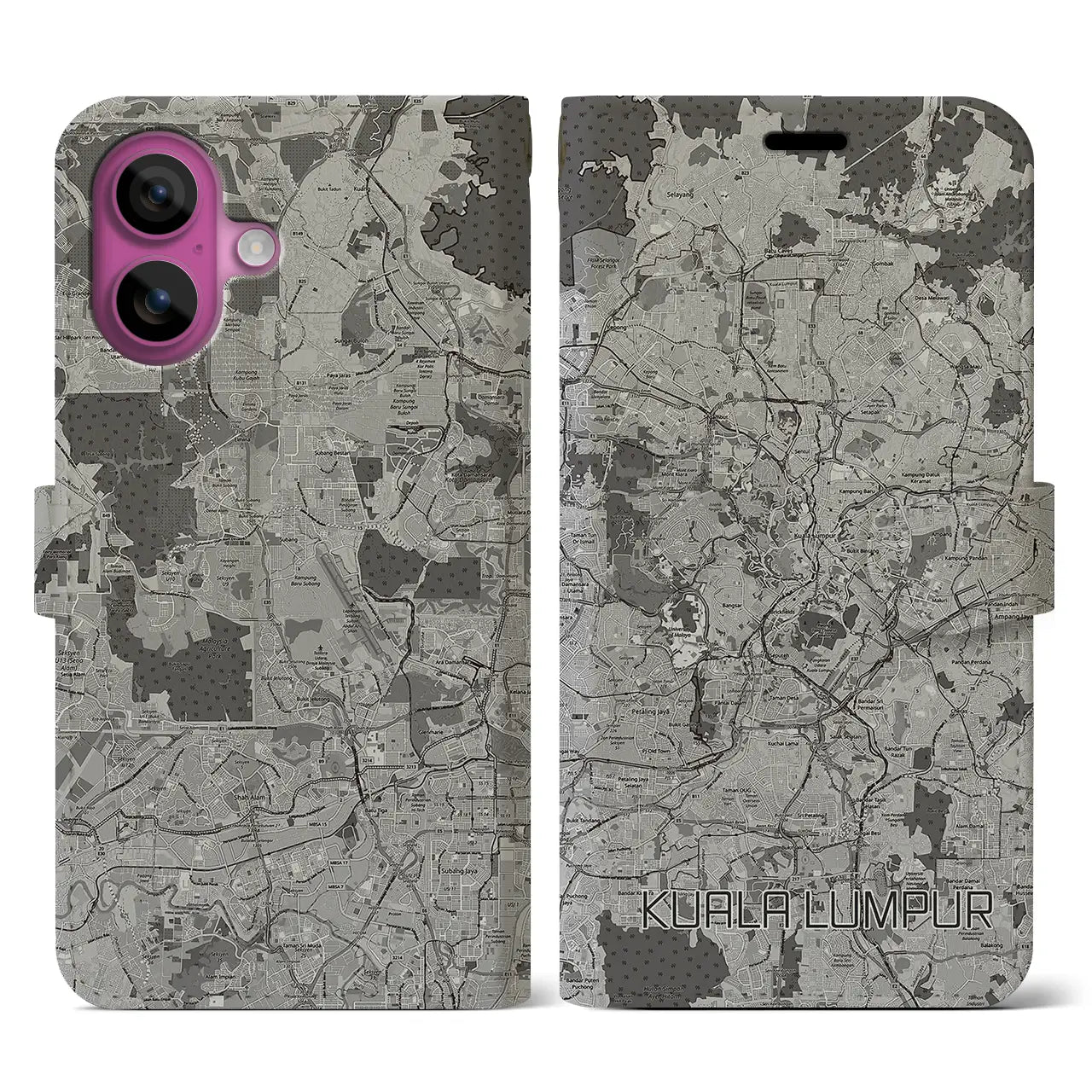 【クアラルンプール(マレーシア)】地図柄iPhoneケース(手帳タイプ)モノトーン・iPhone 16 Pro 用