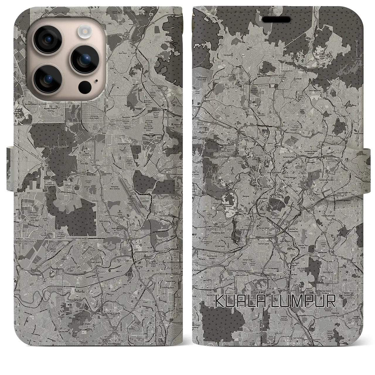【クアラルンプール(マレーシア)】地図柄iPhoneケース(手帳タイプ)モノトーン・iPhone 16 Plus 用