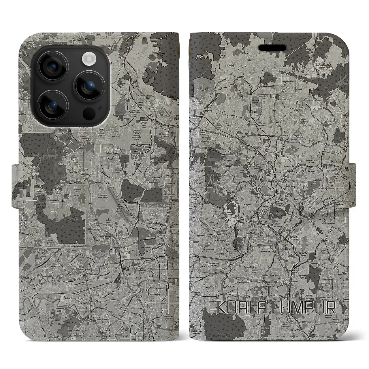 【クアラルンプール(マレーシア)】地図柄iPhoneケース(手帳タイプ)モノトーン・iPhone 16 用