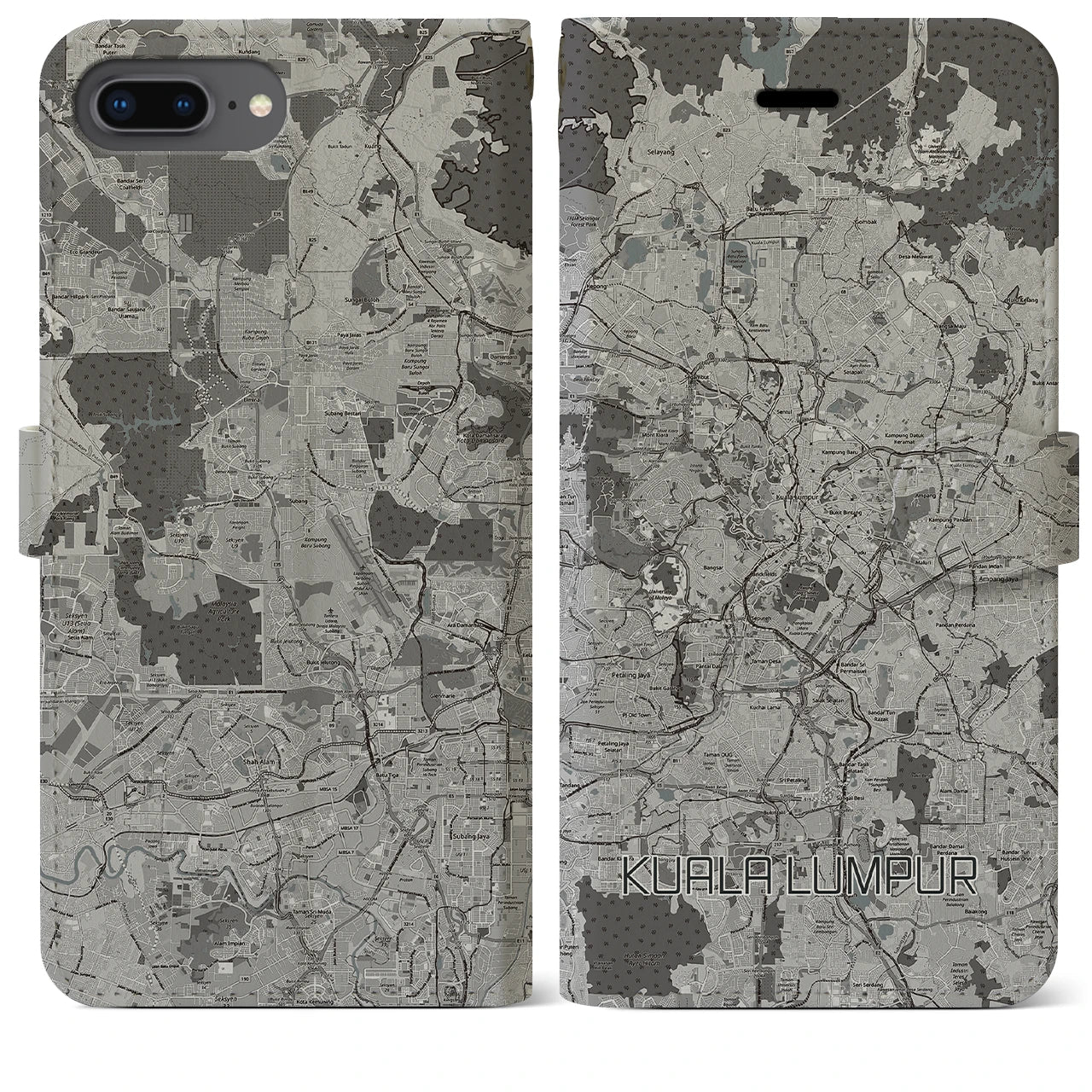 【クアラルンプール(マレーシア)】地図柄iPhoneケース(手帳タイプ)モノトーン・iPhone 8Plus /7Plus / 6sPlus / 6Plus 用