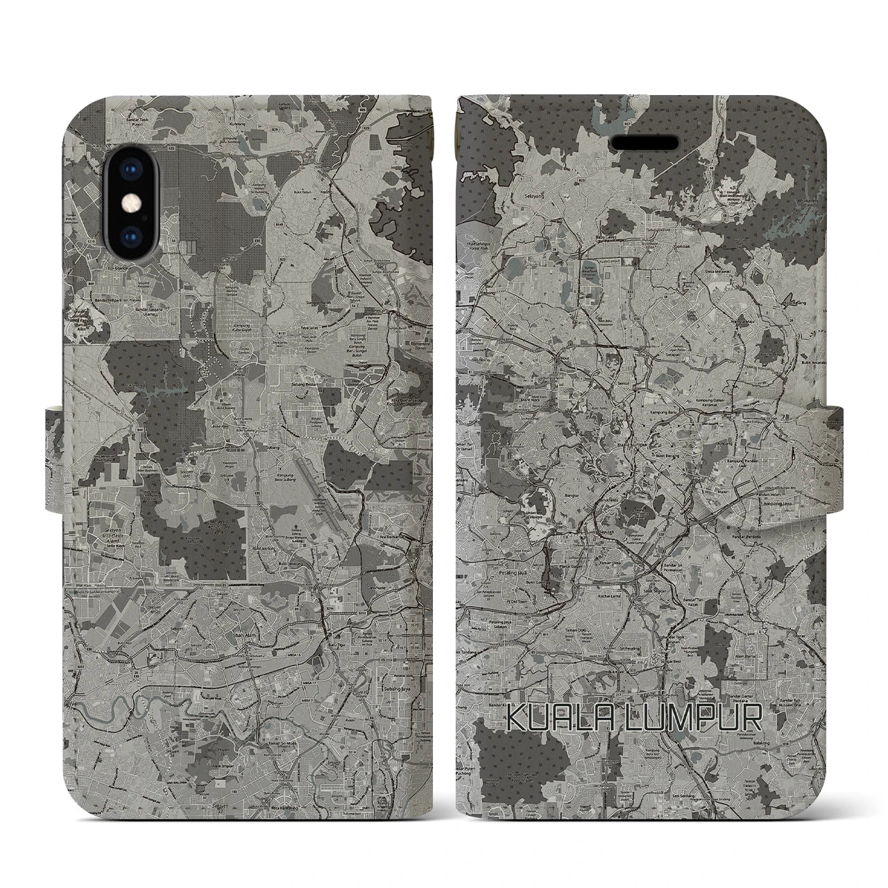 【クアラルンプール(マレーシア)】地図柄iPhoneケース(手帳タイプ)モノトーン・iPhone XS / X 用