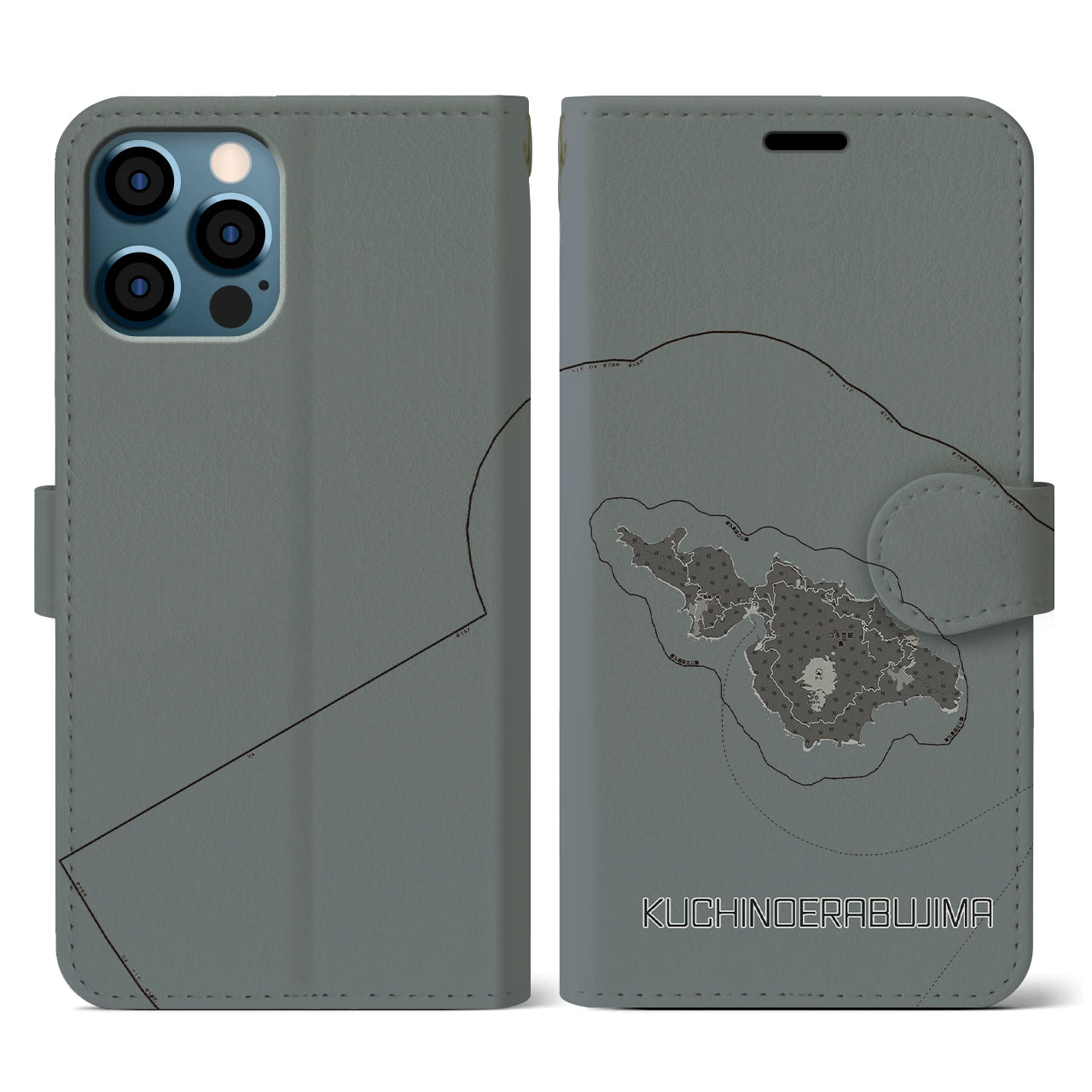 【口永良部島(鹿児島県)】地図柄iPhoneケース(手帳タイプ)モノトーン・iPhone 12 / 12 Pro 用