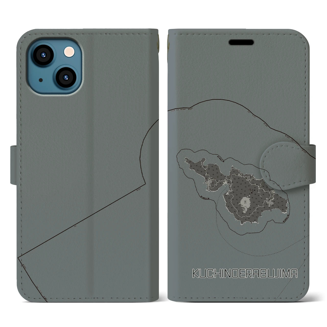 【口永良部島(鹿児島県)】地図柄iPhoneケース(手帳タイプ)モノトーン・iPhone 13 用