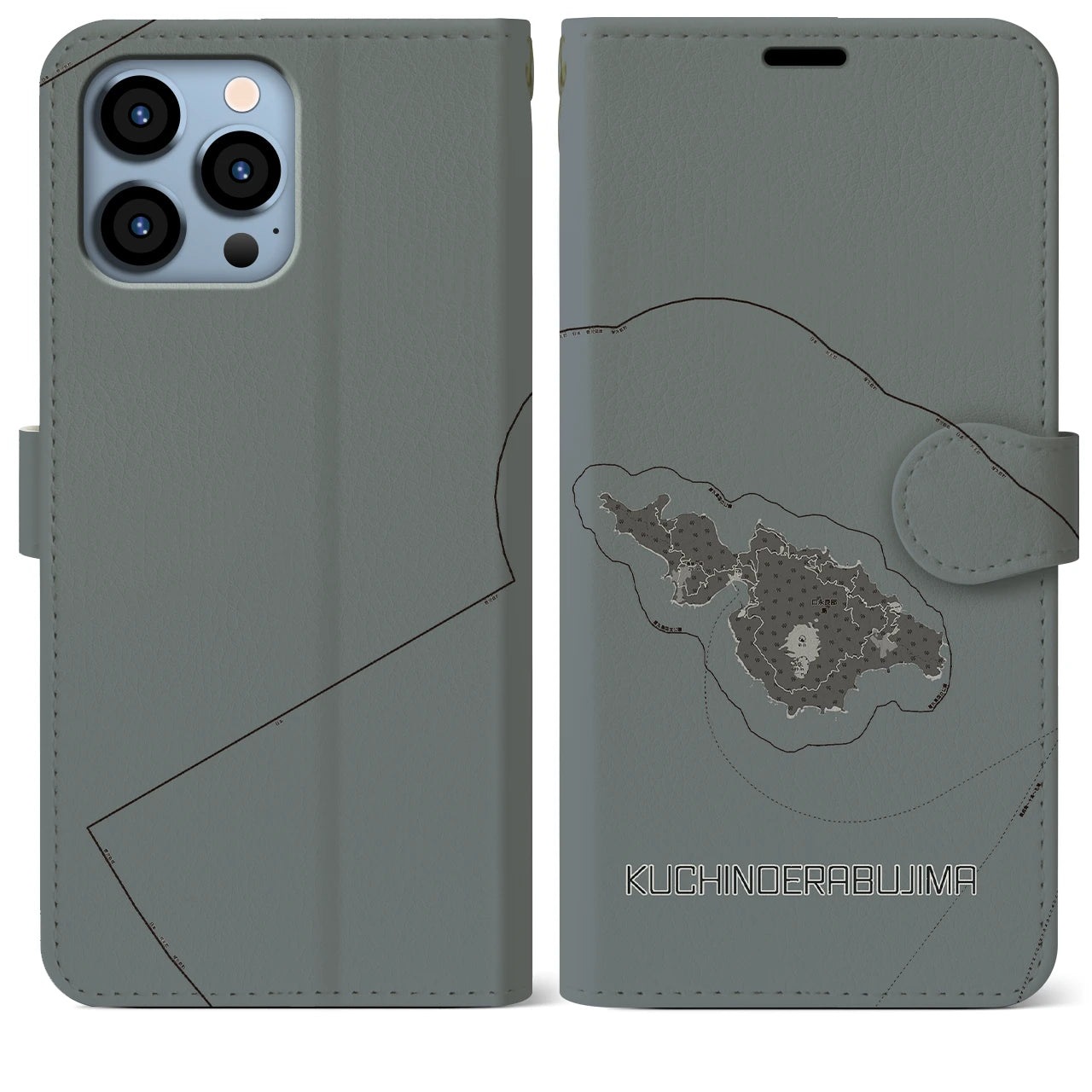 【口永良部島(鹿児島県)】地図柄iPhoneケース(手帳タイプ)モノトーン・iPhone 13 Pro Max 用