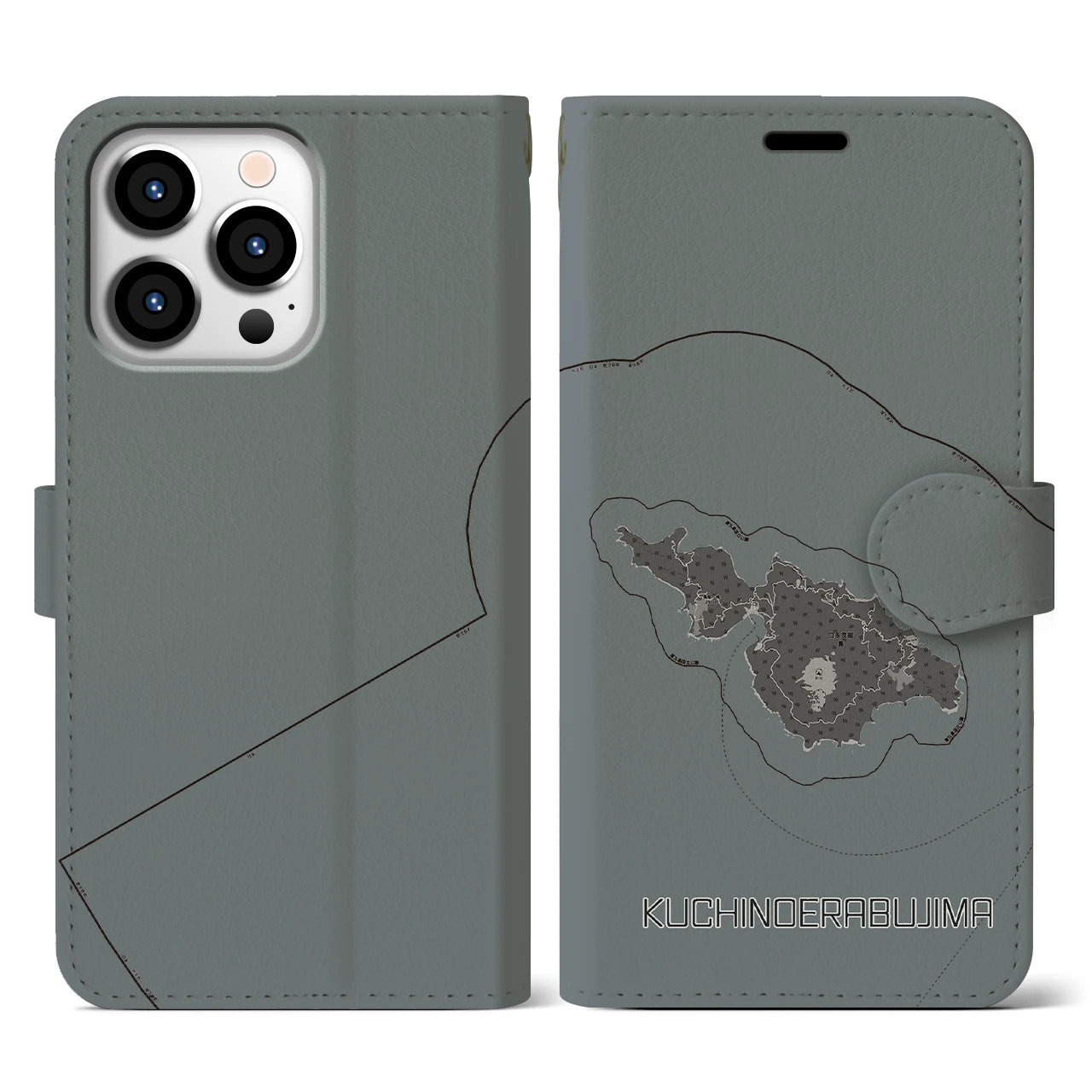 【口永良部島(鹿児島県)】地図柄iPhoneケース(手帳タイプ)モノトーン・iPhone 13 Pro 用