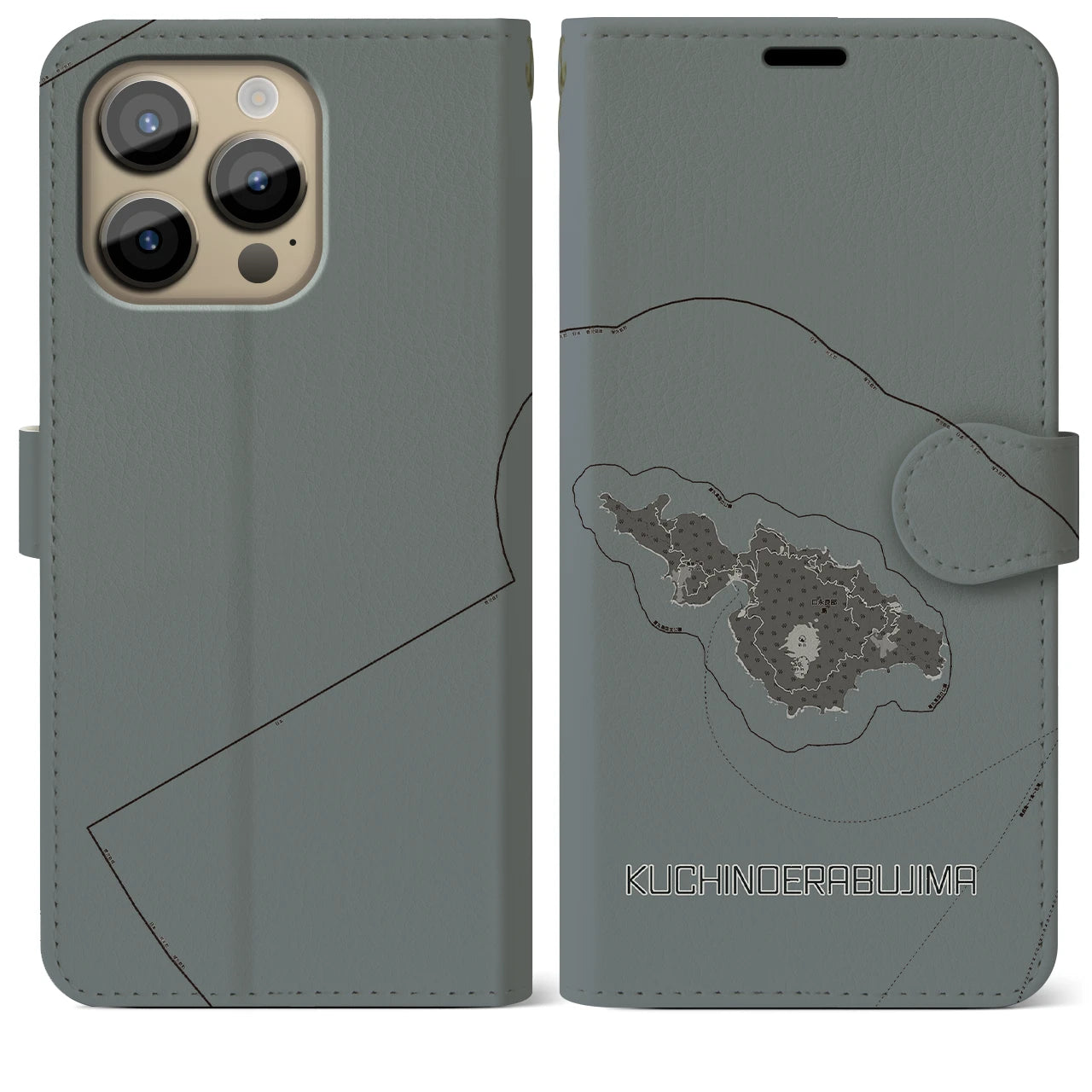 【口永良部島(鹿児島県)】地図柄iPhoneケース(手帳タイプ)モノトーン・iPhone 14 Pro Max 用