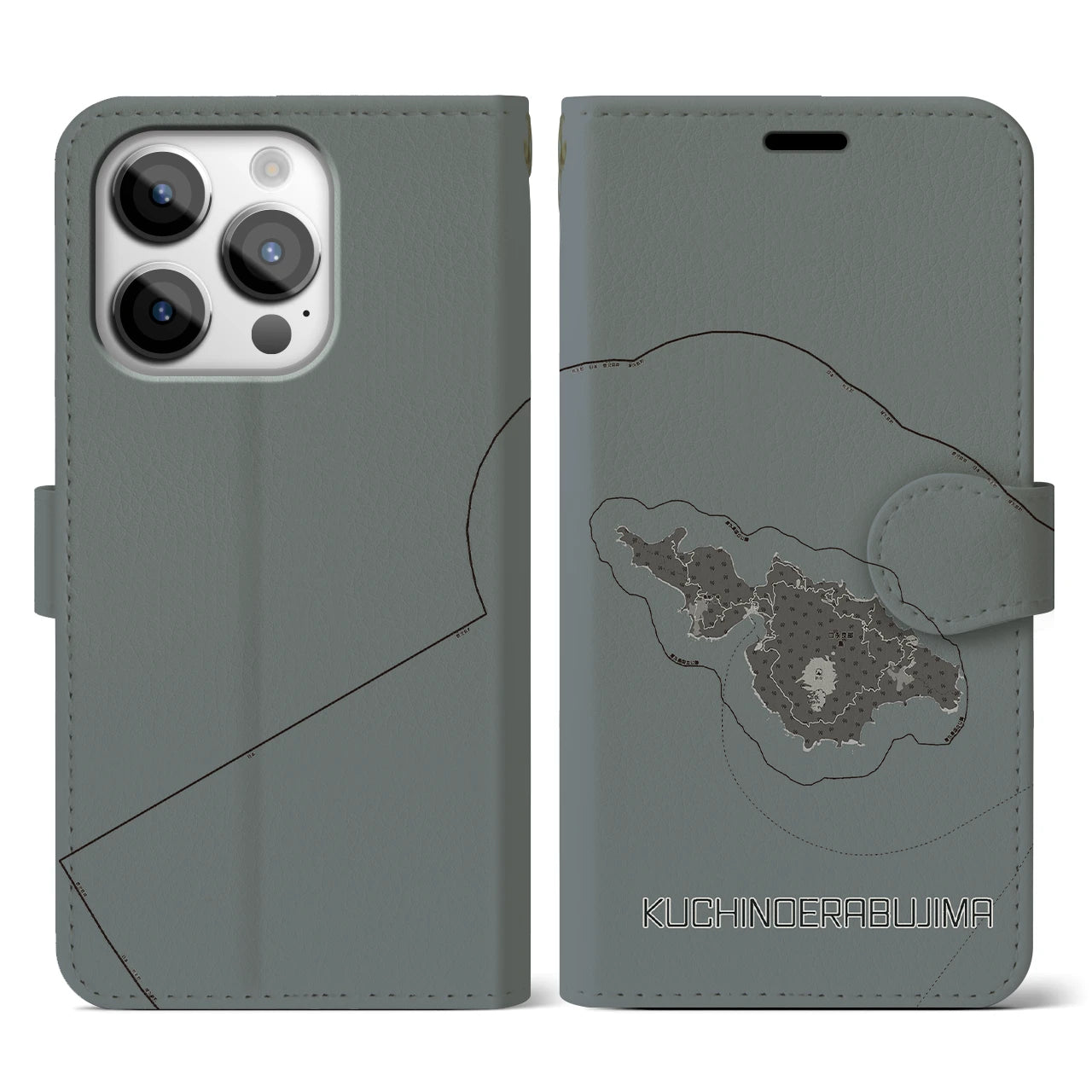 【口永良部島(鹿児島県)】地図柄iPhoneケース(手帳タイプ)モノトーン・iPhone 14 Pro 用