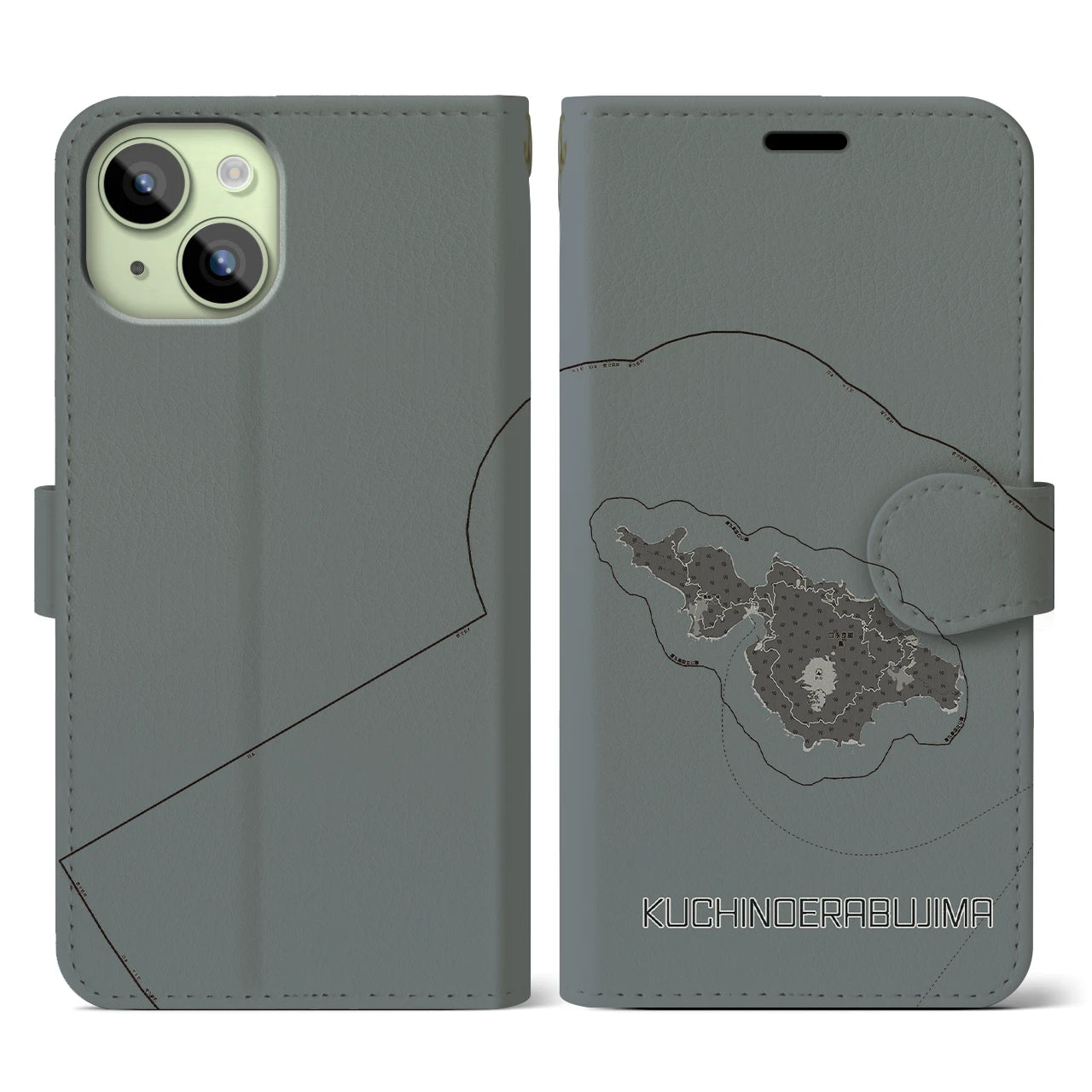 【口永良部島(鹿児島県)】地図柄iPhoneケース(手帳タイプ)モノトーン・iPhone 15 用