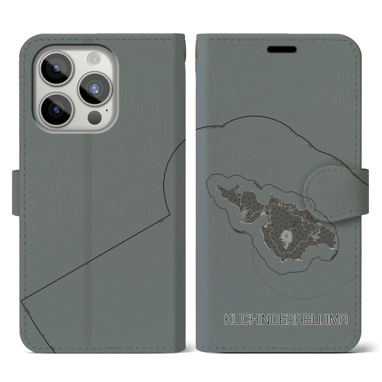 【口永良部島(鹿児島県)】地図柄iPhoneケース(手帳タイプ)モノトーン・iPhone 15 Pro 用