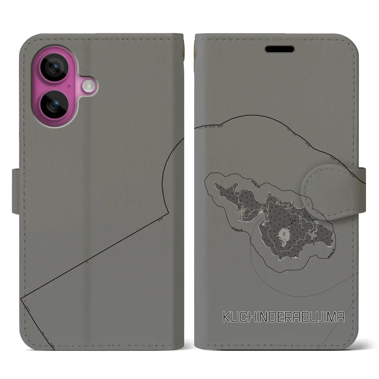 【口永良部島(鹿児島県)】地図柄iPhoneケース(手帳タイプ)モノトーン・iPhone 16 Pro 用