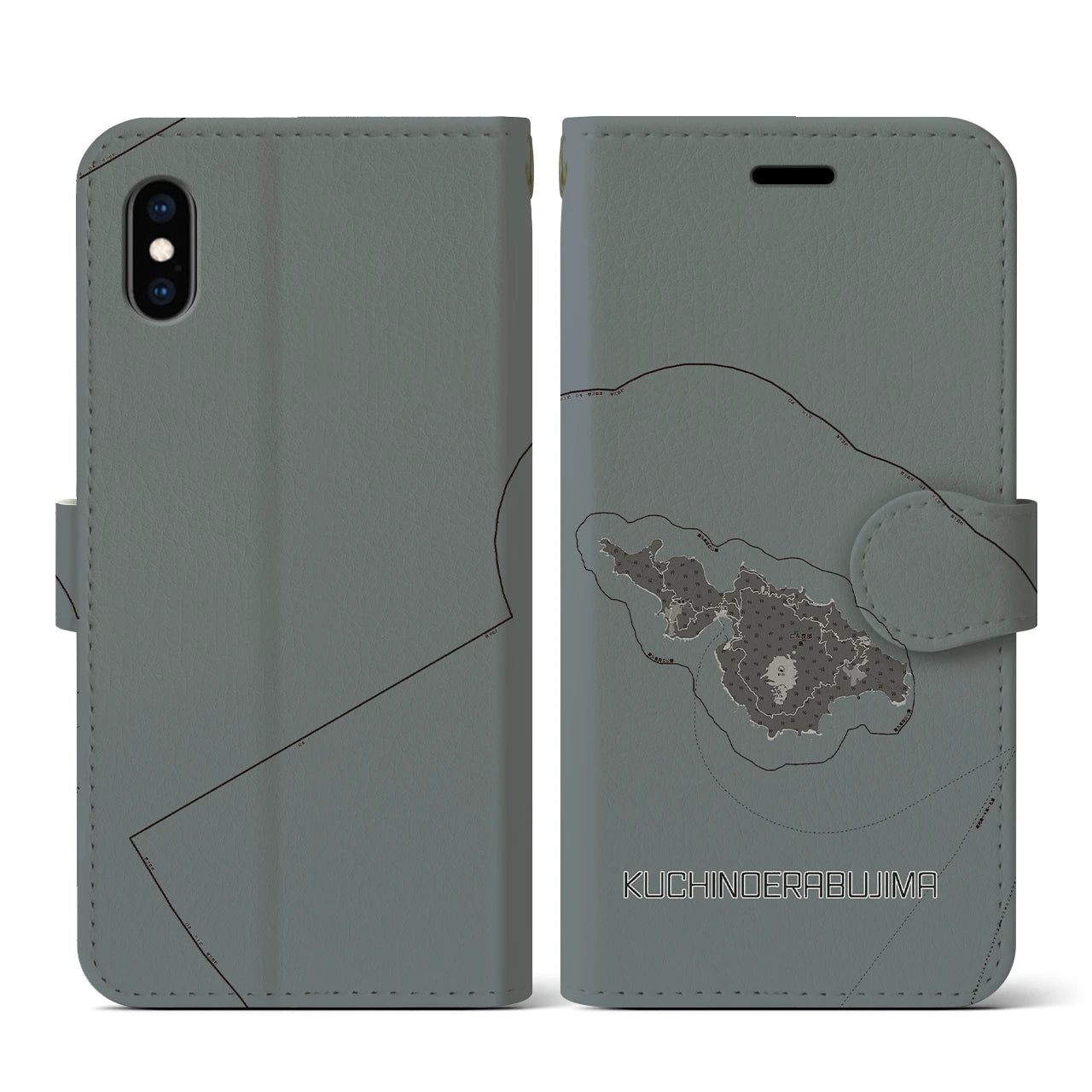 【口永良部島(鹿児島県)】地図柄iPhoneケース(手帳タイプ)モノトーン・iPhone XS / X 用