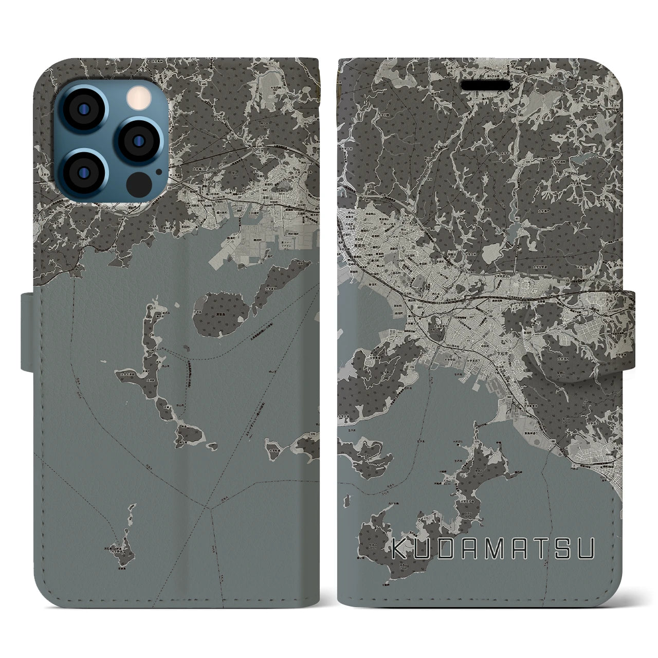 【下松(山口県)】地図柄iPhoneケース(手帳タイプ)モノトーン・iPhone 12 / 12 Pro 用