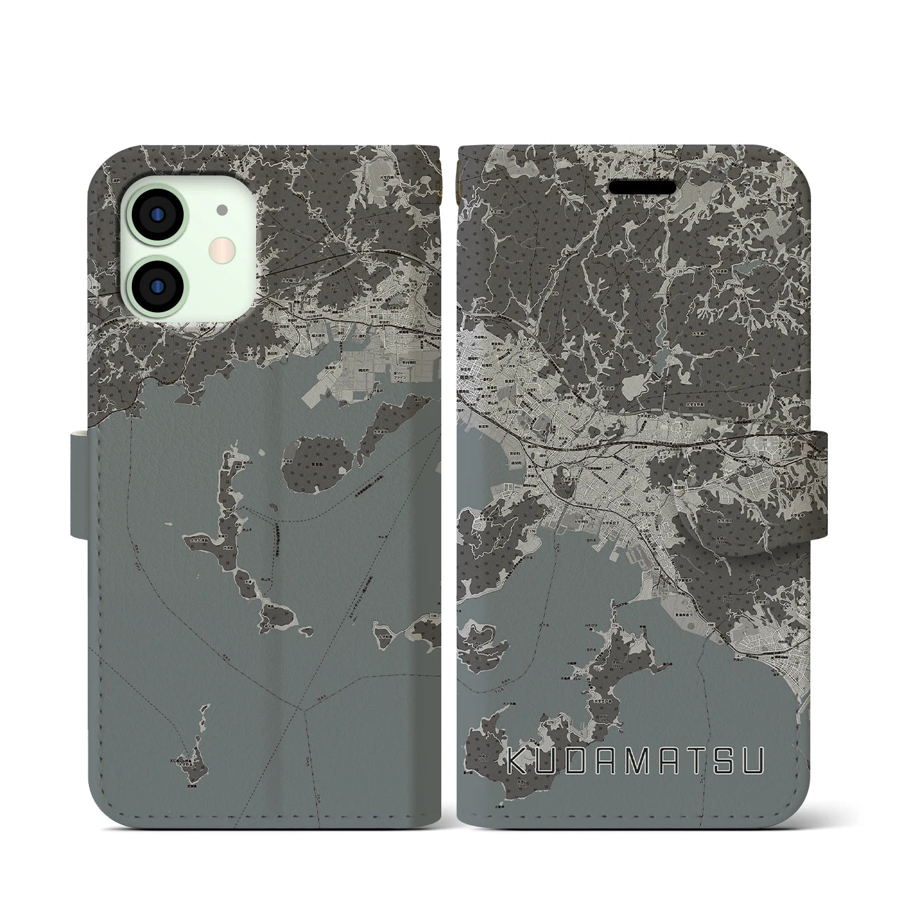 【下松(山口県)】地図柄iPhoneケース(手帳タイプ)モノトーン・iPhone 12 mini 用