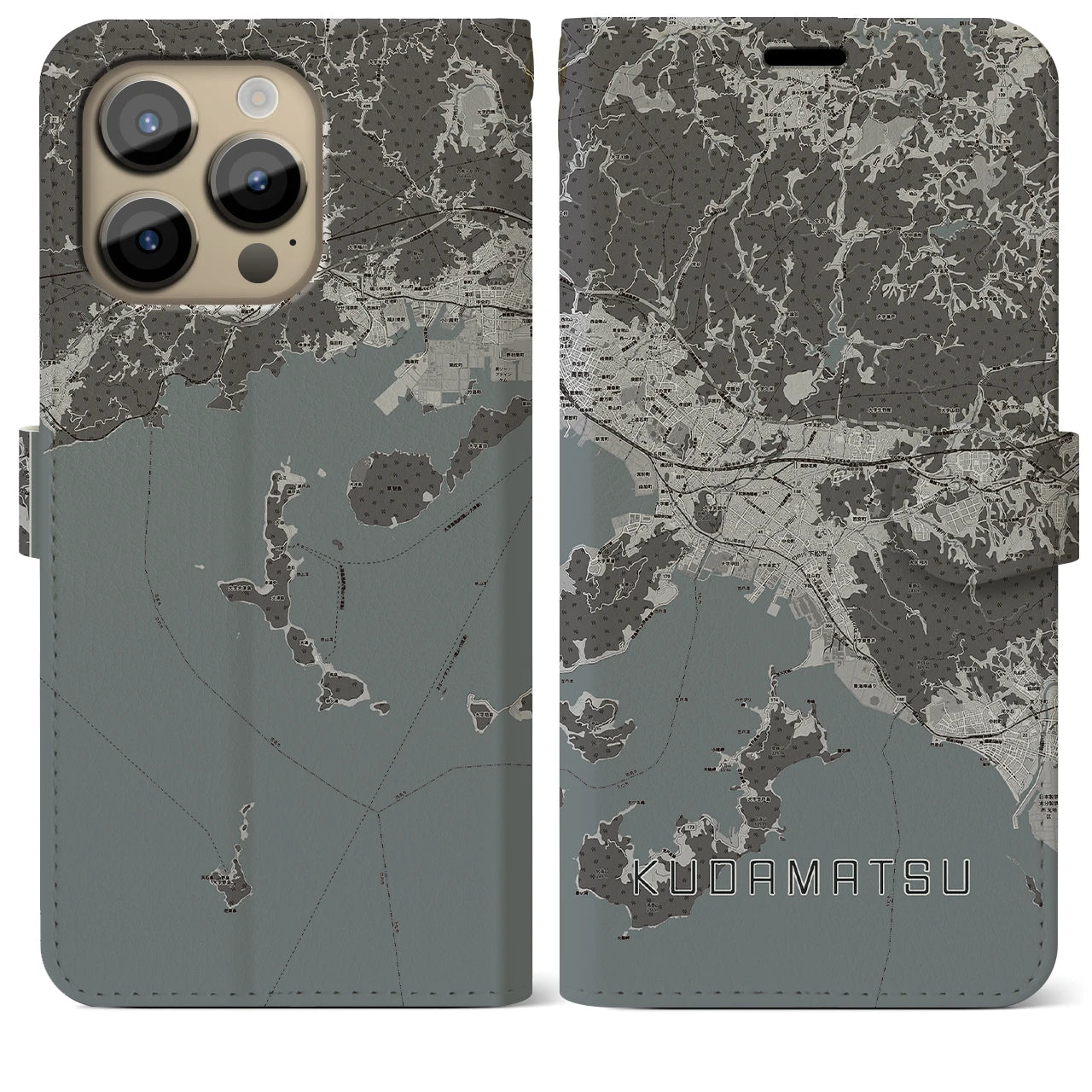 【下松(山口県)】地図柄iPhoneケース(手帳タイプ)モノトーン・iPhone 14 Pro Max 用
