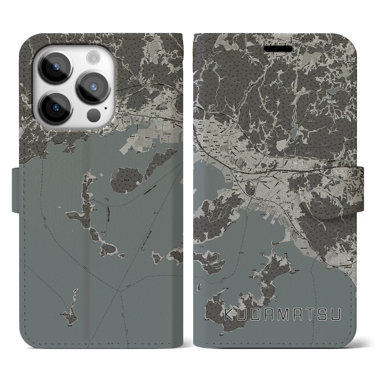 【下松(山口県)】地図柄iPhoneケース(手帳タイプ)モノトーン・iPhone 14 Pro 用
