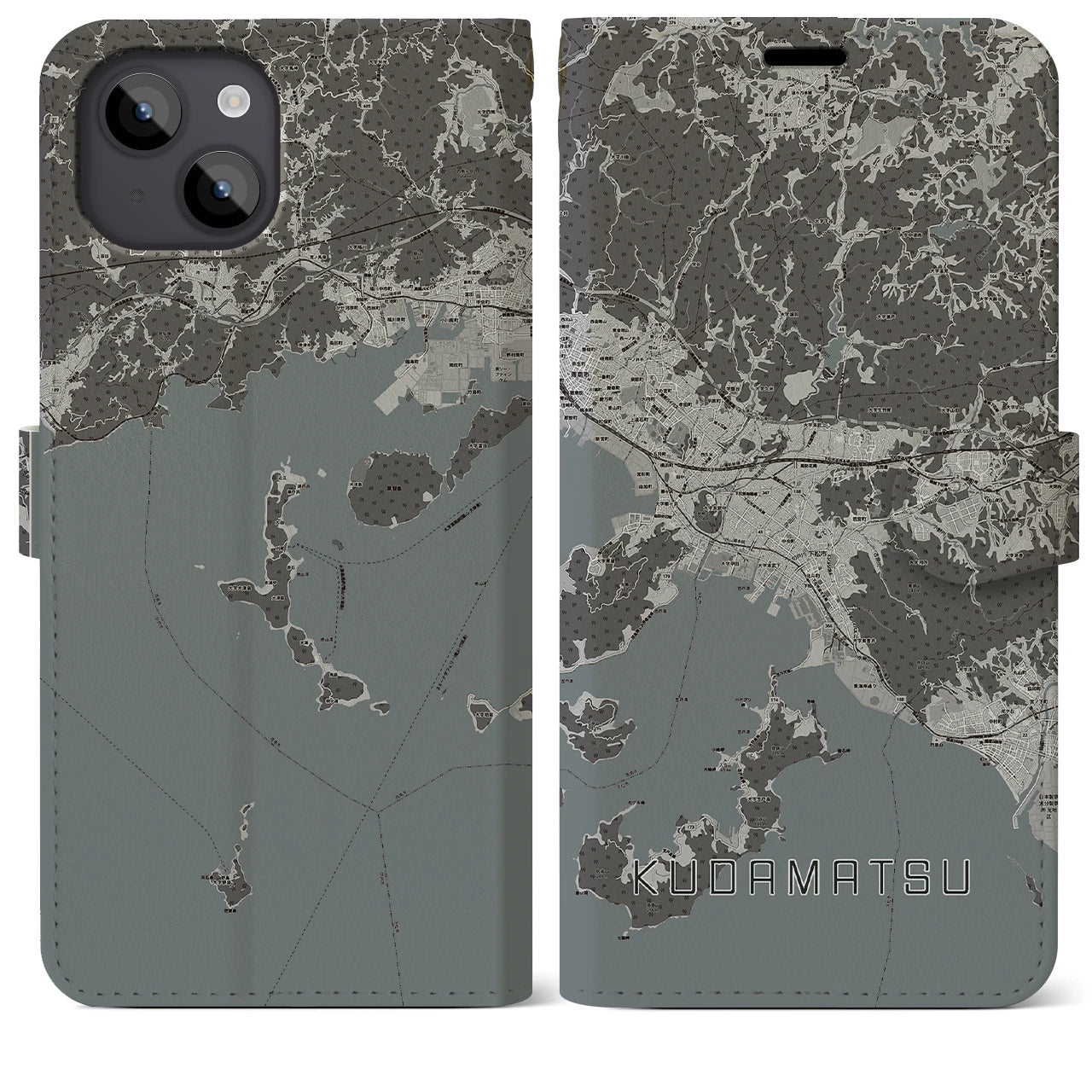 【下松(山口県)】地図柄iPhoneケース(手帳タイプ)モノトーン・iPhone 14 Plus 用