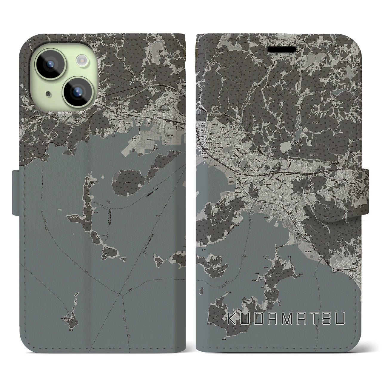 【下松(山口県)】地図柄iPhoneケース(手帳タイプ)モノトーン・iPhone 15 用