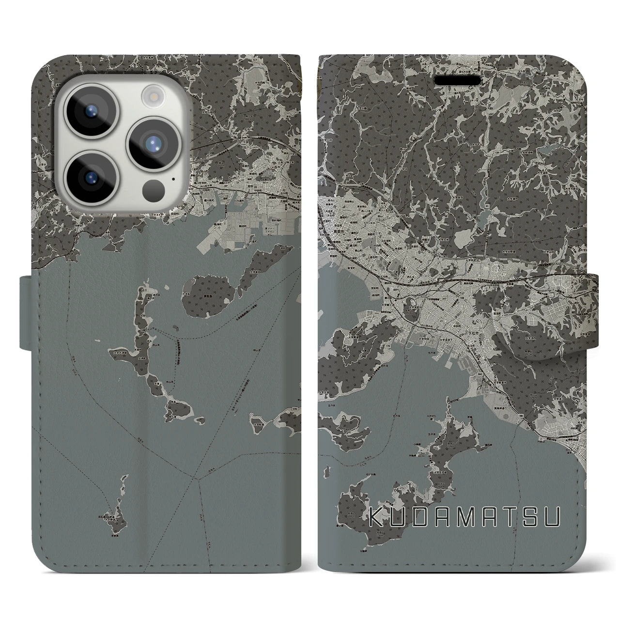 【下松(山口県)】地図柄iPhoneケース(手帳タイプ)モノトーン・iPhone 15 Pro 用