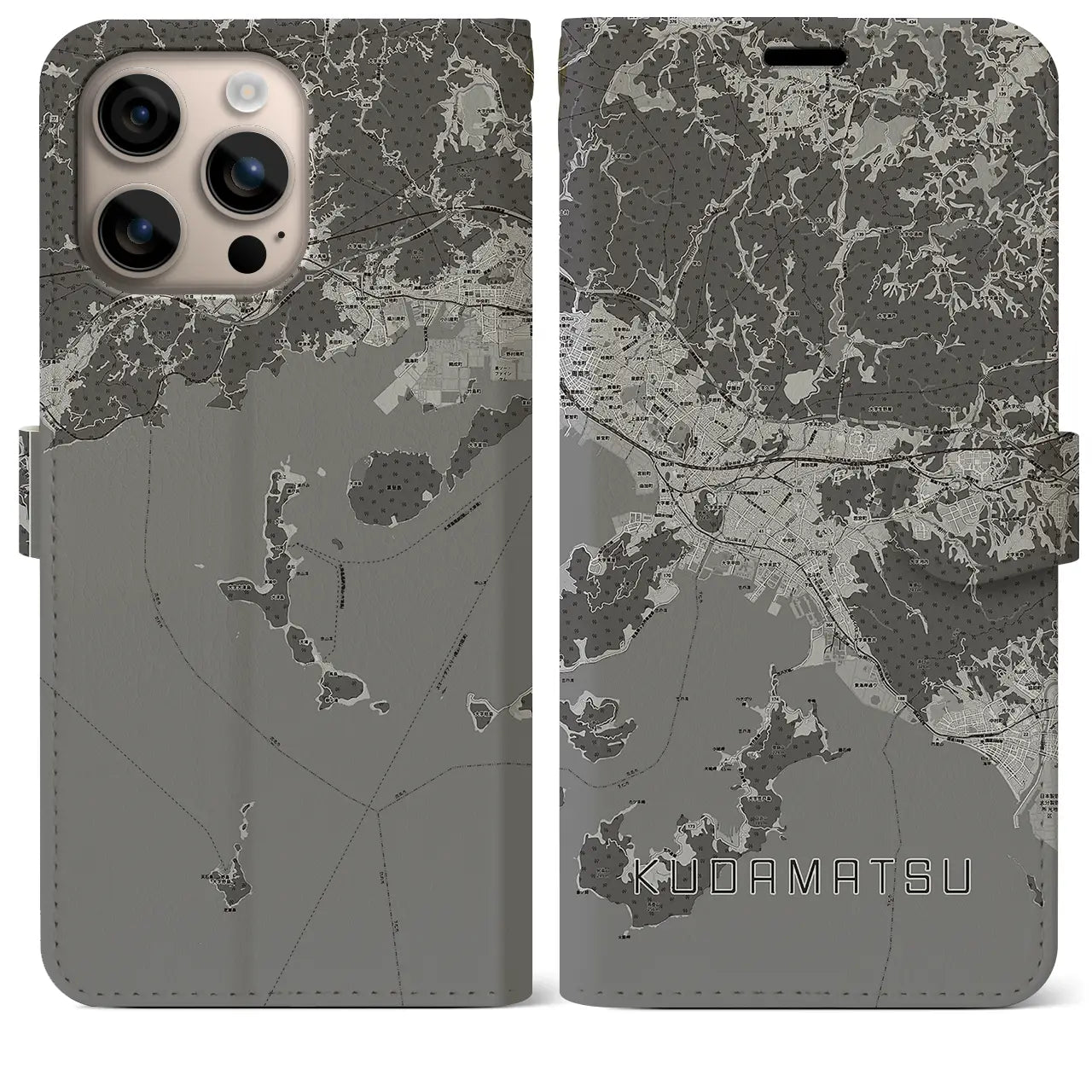 【下松(山口県)】地図柄iPhoneケース(手帳タイプ)モノトーン・iPhone 16 Plus 用