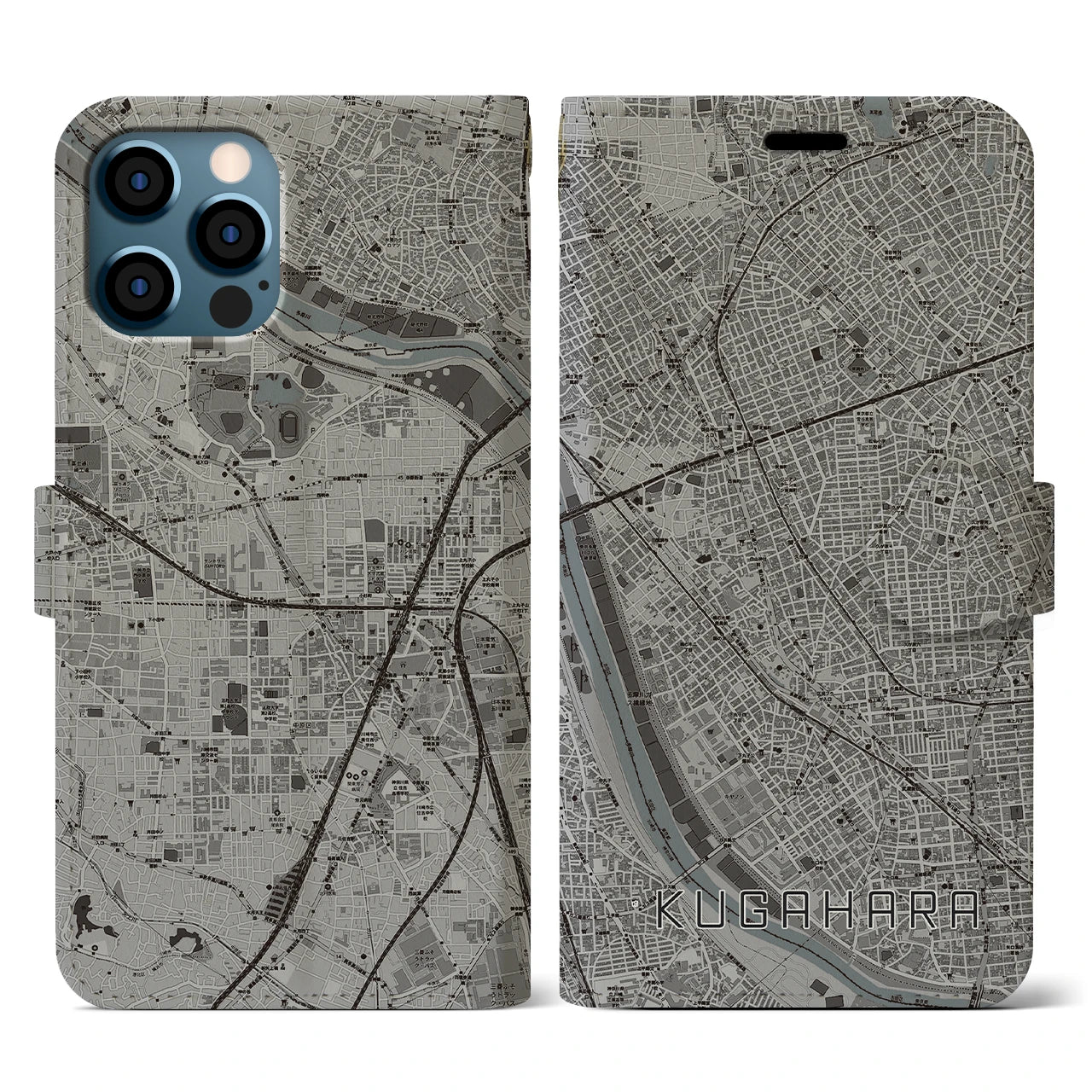 【久が原(東京都)】地図柄iPhoneケース(手帳タイプ)モノトーン・iPhone 12 / 12 Pro 用